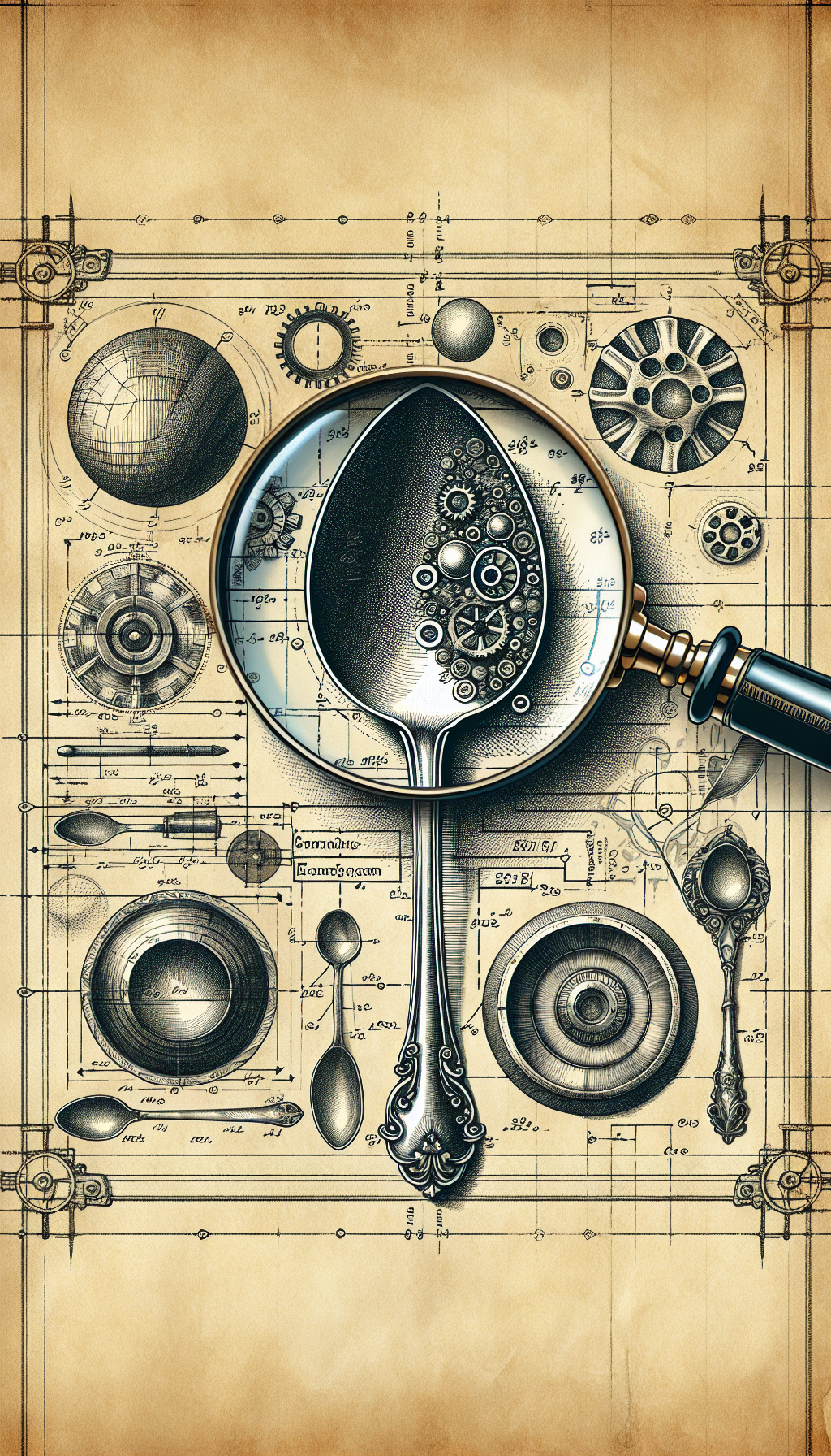 A detailed cross-section of an antique spoon's bowl with magnifying glass highlights, dissecting layers to reveal metal composition, craftsmanship marks, and age signs, amidst a backdrop of a faded craftsman's blueprint. The image has a steampunk aesthetic with intricate, sketched gears and tools bordering the spoon, symbolizing the identification process.