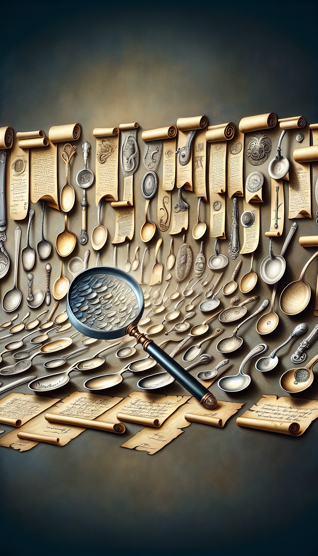 An elegantly detailed tableau showcases a magnifying glass hovering over an assortment of antique spoons, each engraved with the unique marks of famed spoonsmiths. Their silhouettes reflect diverse historical periods, and beneath them, translucent scrolls unfurl with expert penned names and dates. The whimsical mixture of realism and caricature adds a playful depth to the illustration.