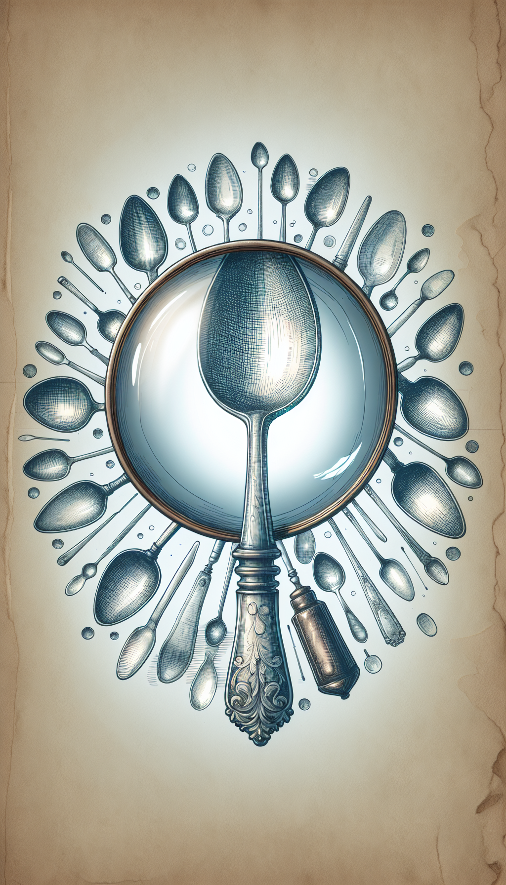 An illustration of an antique spoon encased in a transparent protective bubble, with ghosted images of other unique spoons floating around it. Each ghosted spoon has a magnifying glass overlaid, revealing intricate patterns and hallmarks, symbolizing identification. The differing styles—photorealism for the central spoon, line art for the magnifiers, and watercolor for the background spoons—emphasize the blend of care and expertise required.