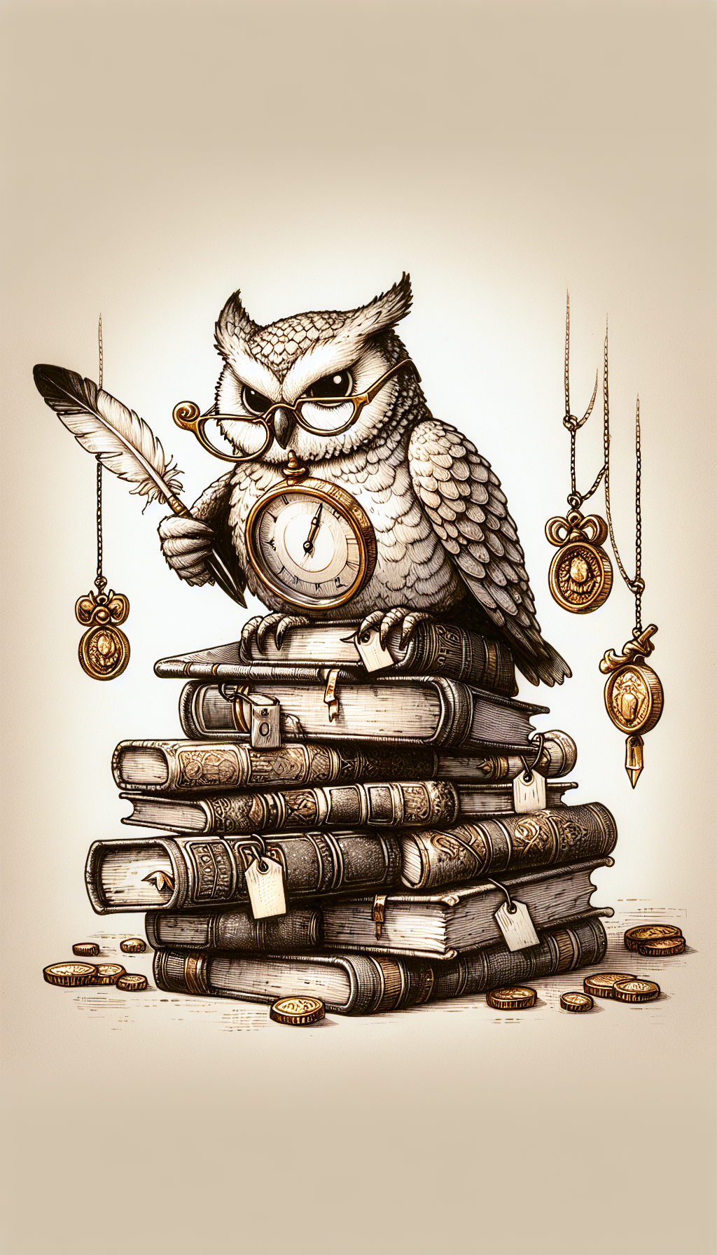 A whimsical, sepia-toned ink drawing depicts a bespectacled owl perched atop a stack of ancient tomes, with a magnifying glass in one wing and a quill in the other, poised to jot down notes. Shimmering golden coins and price tags dangle from bookmarks to signify the hidden values within the books, creating a visual adventure of antique appraisal.