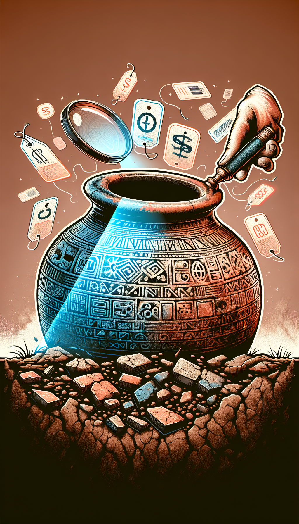 An archaeological-style illustration depicts a half-buried stoneware crock with faded markings being carefully brushed by a vintage magnifying glass that reveals vibrant, glowing symbols indicating age and origin. Transparent price tags float above, with increasing values for older and rarer symbols, seamlessly blending the monetary worth with the historical essence of the crocks.