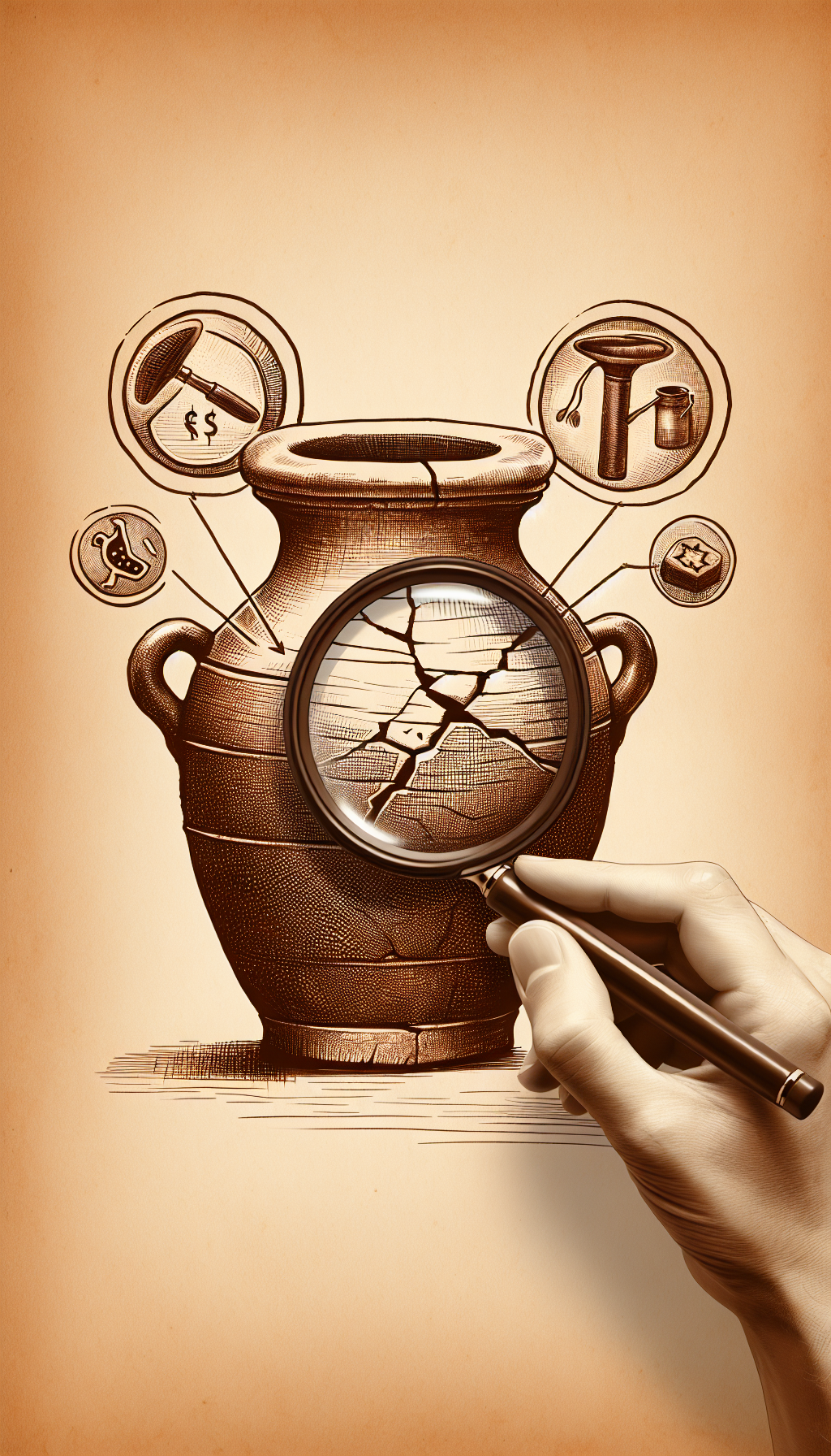 An illustration featuring a magnifying glass held over a vintage crock, with various icons within its lens, such as a crack, a maker’s mark, and patina, symbolizing the key factors assessed for value. The crock sits atop a price-tag-shaped pedestal, blending styles of sketch, watercolor, and sepia tones to underscore the antiquity and diverse elements that determine the crock’s worth.