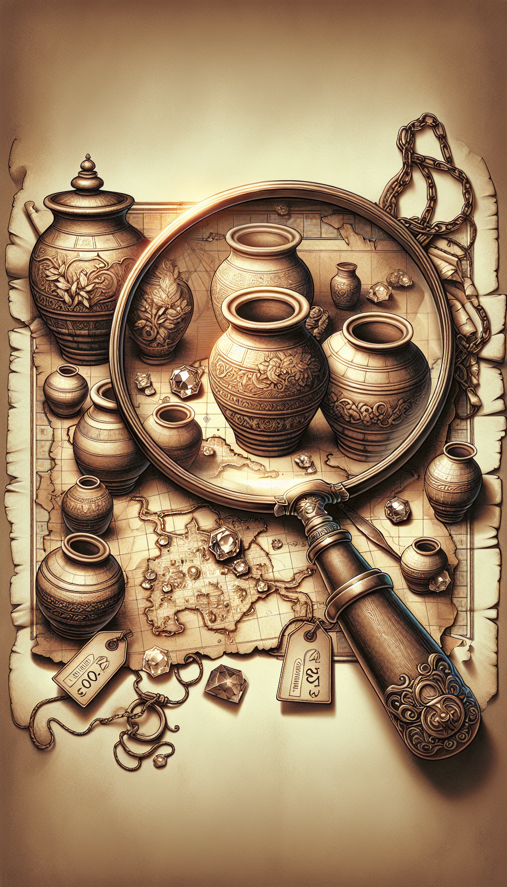 An intricate treasure map unfurls, with antique stoneware crocks as the landmarks, each distinct in design, eclipsed by a magnifying glass that spotlights a rare, jewel-encrusted crock at the map's X mark. Price tags dangle with hefty sums, suggesting the sky-high value of these collectible treasures, skillfully blending sepia tones with jewel-toned accents for an old-world-meets-luxury aesthetic.