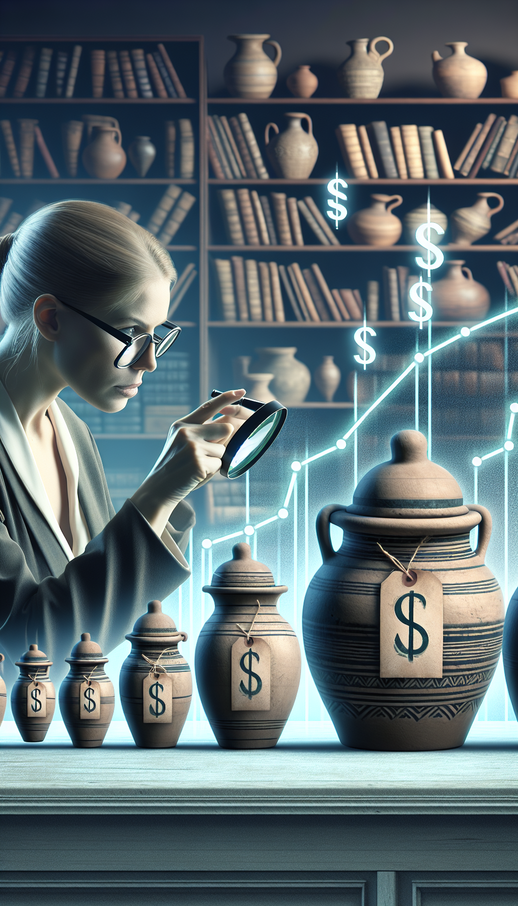 An illustration of a bespectacled antique expert examining a line of stoneware crocks with a magnifying glass, each crock adorned with a price tag that increases in value from left to right. The backdrop features a faded library of antique guides, hinting at the wealth of knowledge required for appraisal, with a shimmering dollar sign subtly overlayed on the foremost valuable crock.