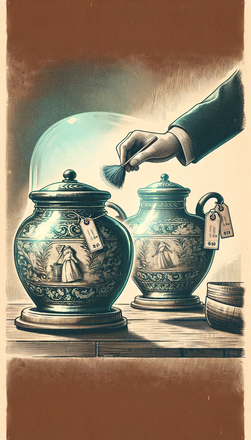An illustration displays a pair of pristine antique crocks on a pedestal, enshrined under a glass dome. A soft beam of light highlights their glaze and heritage marks. A gentle hand dusts one with a feather duster, symbolizing careful maintenance, while tags dangle off the handles showing increasing dollar values, echoing their preserved worth. The image blends a vintage etching style with vibrant, modern color accents.