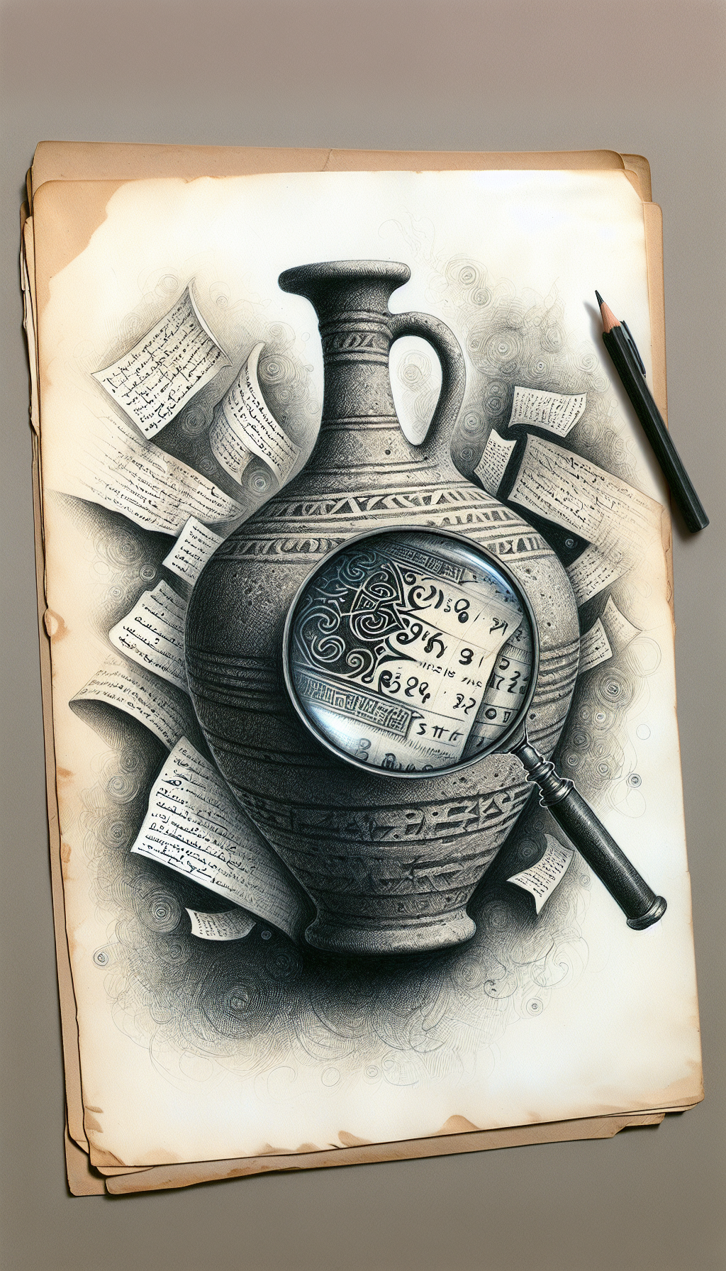 An intricate pencil sketch depicts an old, textured stoneware jug, half-buried in faded ledger pages filled with calligraphy and cryptic symbols. A magnifying glass zooms in on the jug's maker's mark, where a ghosted price tag flutters, showcasing a hefty sum. Styles converge, blending vintage etching with bursts of watercolor to signify the jug's rich history and value.