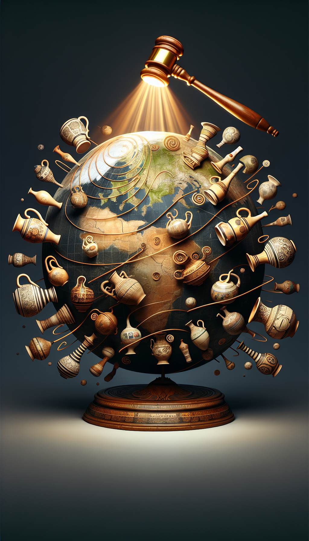 A whimsical globe spins, dotted with antique stoneware jugs that morph in style across regions, their cracks filled with gold, denoting age as a value indicator. Time spirals out from each jug, with some jugs bearing thick vines representing historical periods. An ornate auction gavel hovers, casting values like sun rays over the map, highlighting the jug's origins.