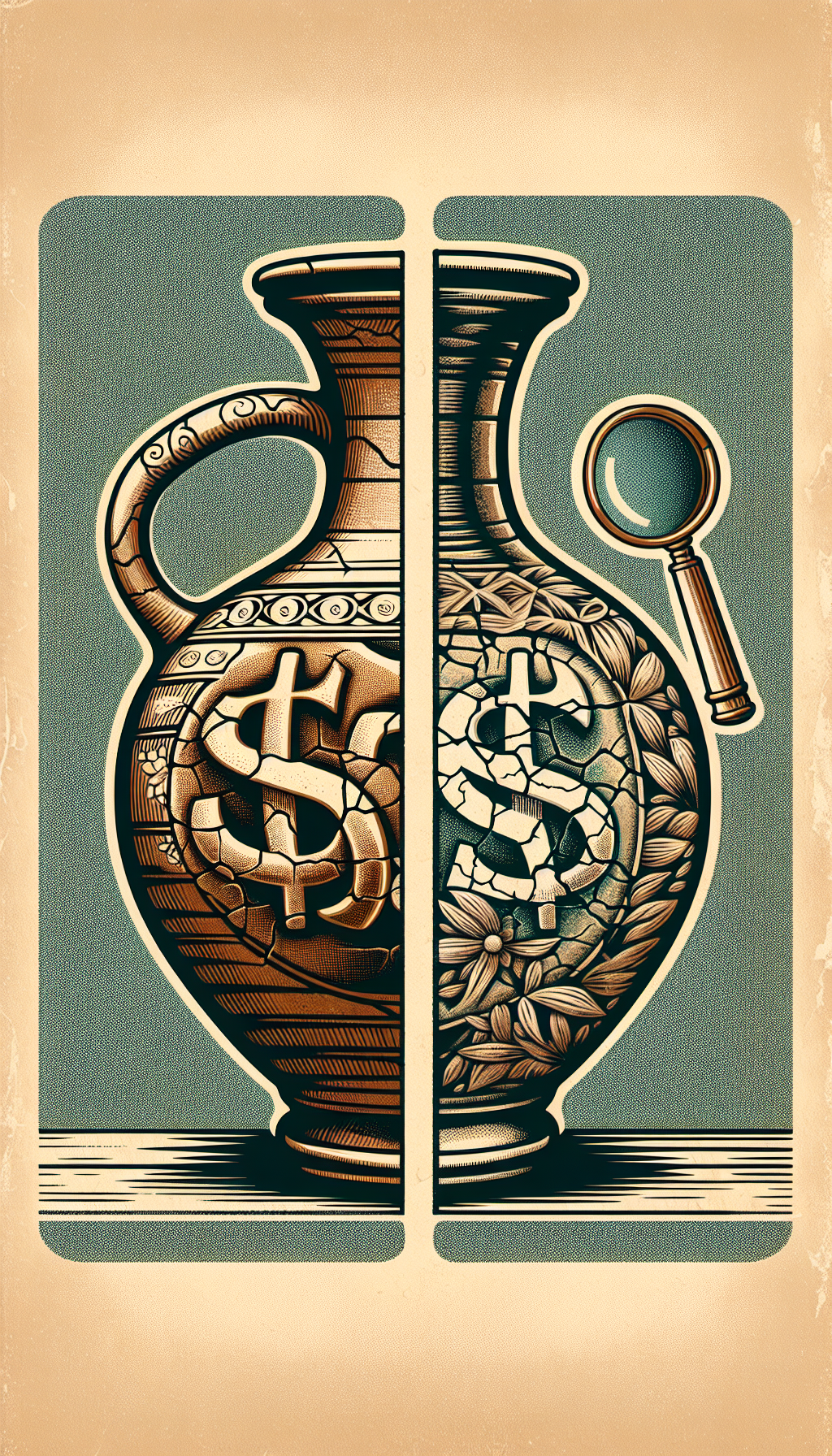 A split-view illustration of an antique stoneware jug: one side pristine, with "$$$" symbols, illustrating high value; the opposite side features exaggerated cracks, chips, and a faded pattern, with diminishing "$" symbols. This juxtaposition visually captures the influence of condition on the jug's value. Vintage-style textures emphasize antiquity, while a magnifying glass highlights the assessment aspect.