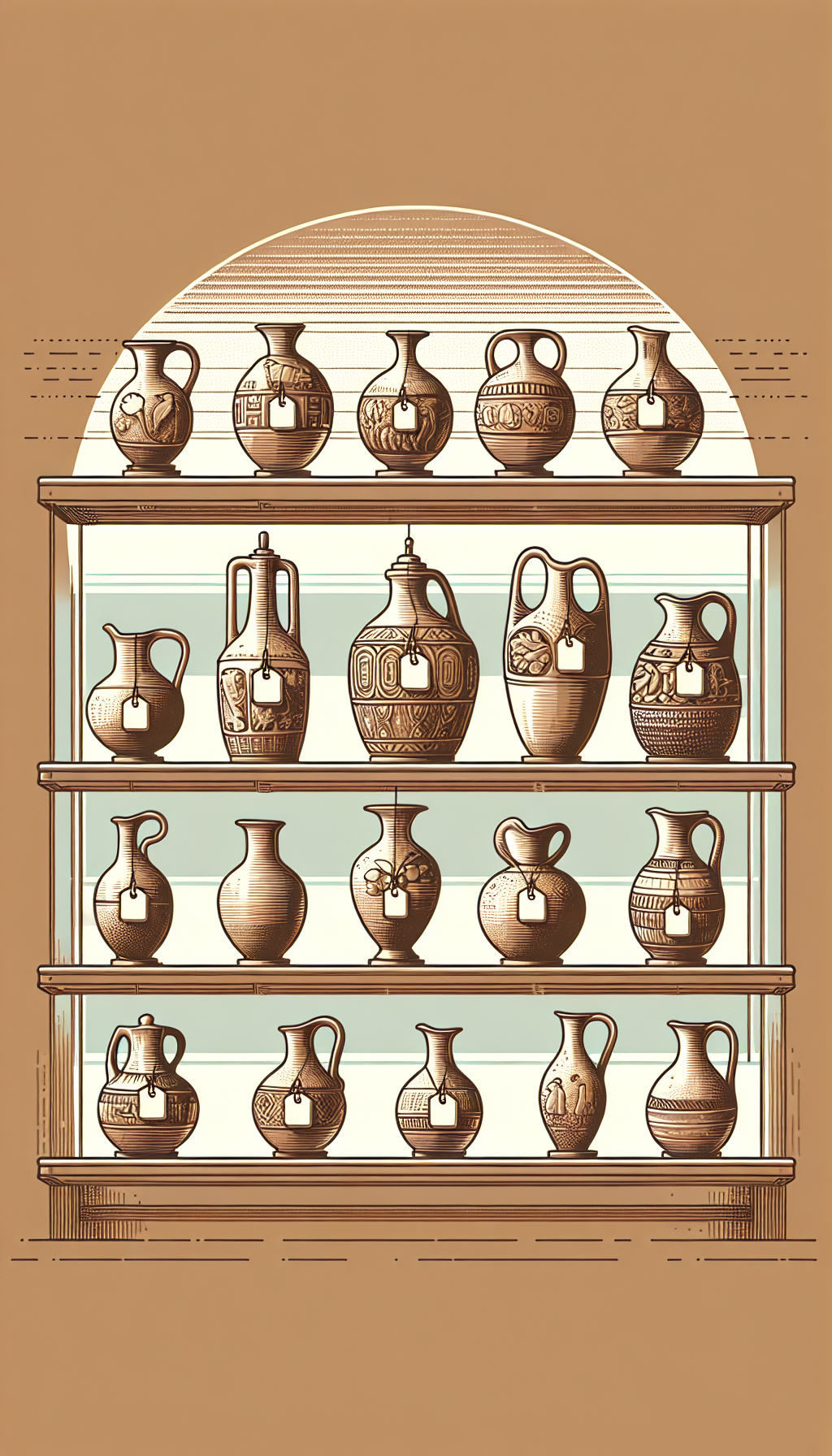 An illustration showcases a collection of stoneware jugs of varying styles and sizes, arrayed on translucent shelving that connotes their value hierarchy. The jugs feature assorted designs, from the simplest to the most ornate, each with a price tag reflecting its worth. The background subtly shifts in color, representing the spectrum of historic periods and stylistic influences.