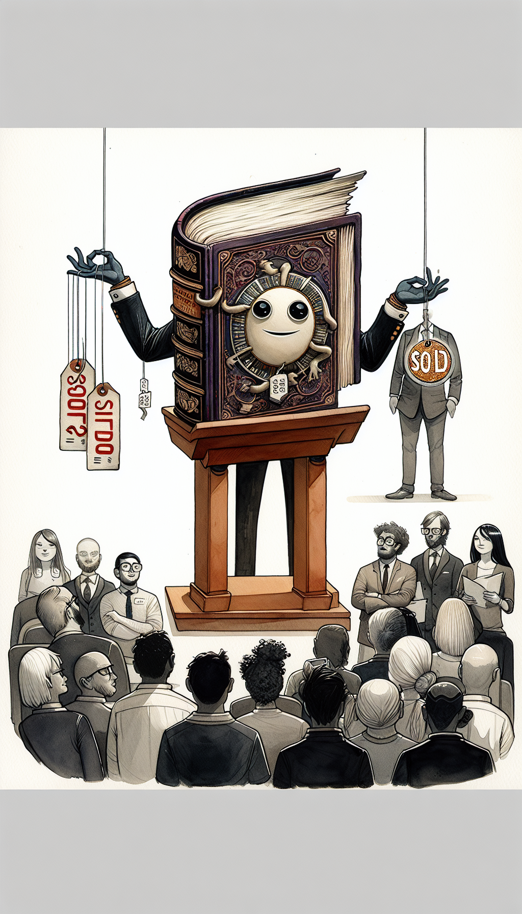 An anthropomorphic vintage book stands on a podium, auctioning itself to an eager crowd of eclectic characters, from antiquarians to hipster collectors. With price tags hanging from its pages and a gilded "SOLD" stamp shining on its cover, the illustration melds a classic watercolor style with modern line art, capturing the allure and value of antique books in the digital age.