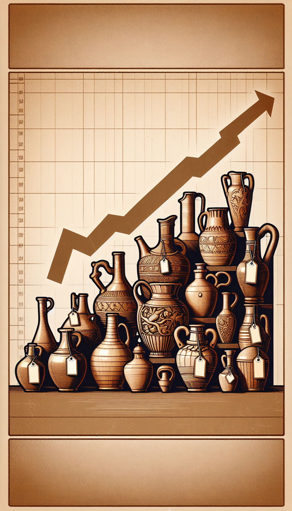 An illustration shows a collection of antique stoneware jugs of varying heights and designs on a whimsical stock market graph. The jugs replace traditional market bars, increasing and decreasing in height to represent their fluctuating values, with price tags hanging off their handles to symbolize their worth. The background subtly transitions from sepia to vibrant colors, illustrating time's effect on value.