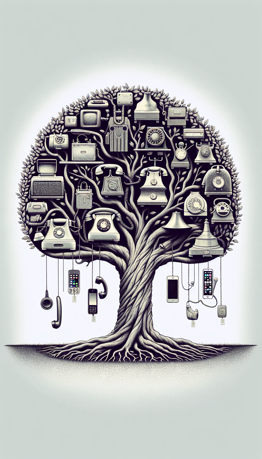 A whimsical illustration shows a tree of telephones with roots symbolizing ancient communication forms—drums, smoke signals, and carrier pigeons—while the trunk transitions through telegraph and rotary phones, up to the crown showcasing a gleaming antique telephone, with price tags as leaves, suggesting its value among the branches of modern smartphones and digital devices, embodying the fusion of historical significance and collectible worth.