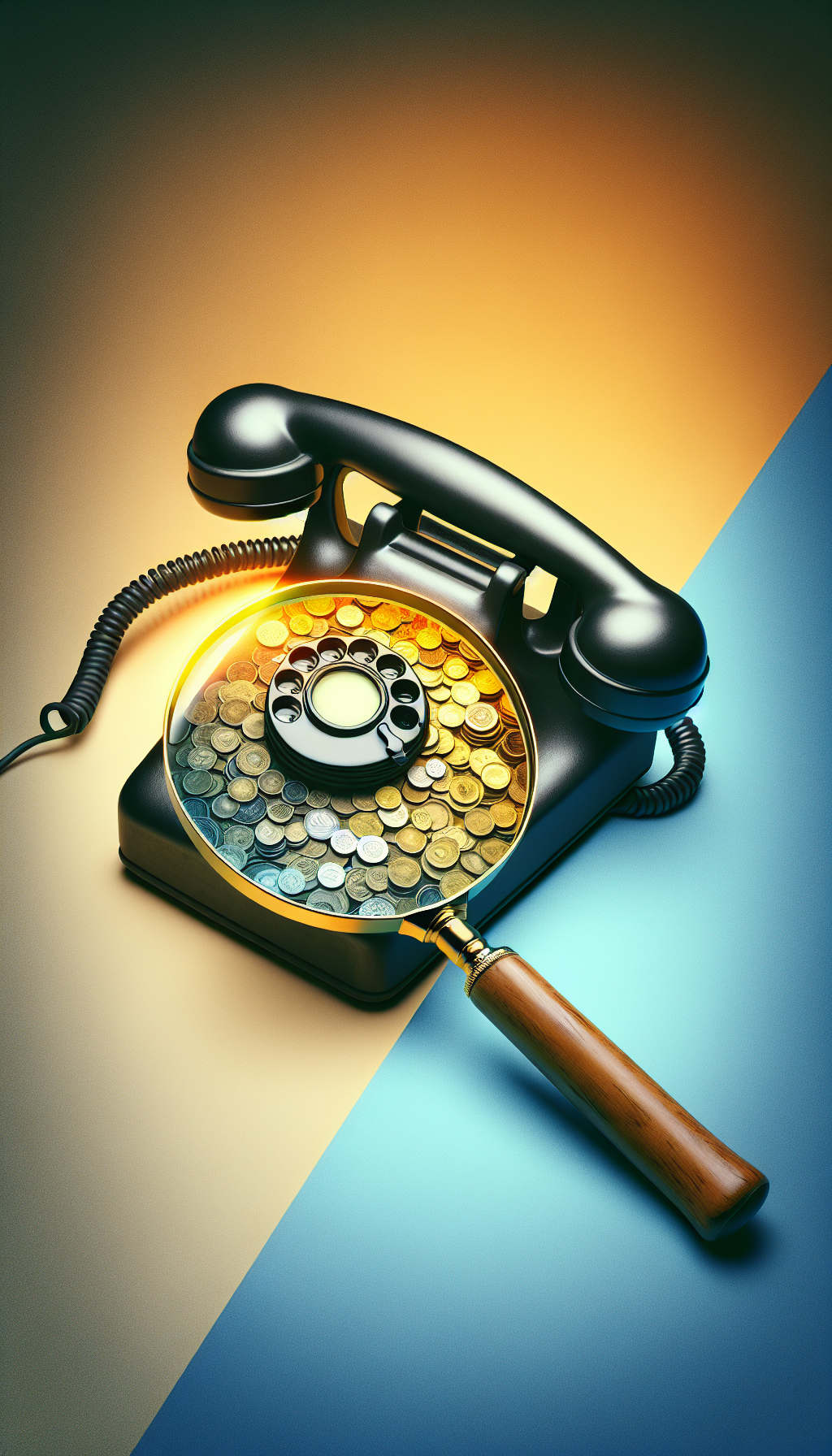 An illustration of a classic rotary dial telephone on a graded background that transitions from pristine to cracked and tarnished. A magnifying glass hovers over the phone, symbolizing detailed assessment, with clear fragments inside the lens showing the phone's key features in mint condition, while areas outside the lens appear weathered. Golden coins spill from the handset, indicating the telephone's value.
