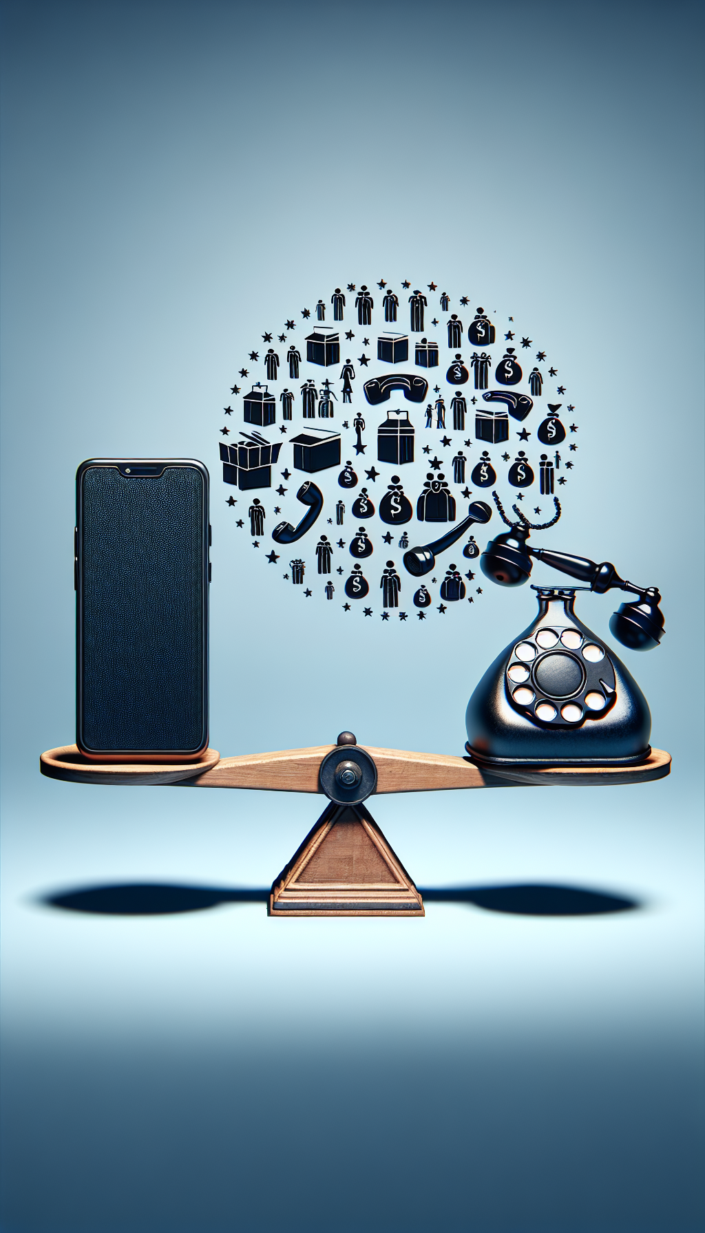 A whimsical illustration juxtaposes a sleek modern smartphone with a classic rotary dial telephone, both perched on a seesaw scale. Supply and demand icons—boxes and dollar signs for supply, and silhouetted crowds for demand—hover above each phone. Antique elements like rarity stars and vintage price tags adorn the rotary phone, highlighting its value amidst modern tech trends.