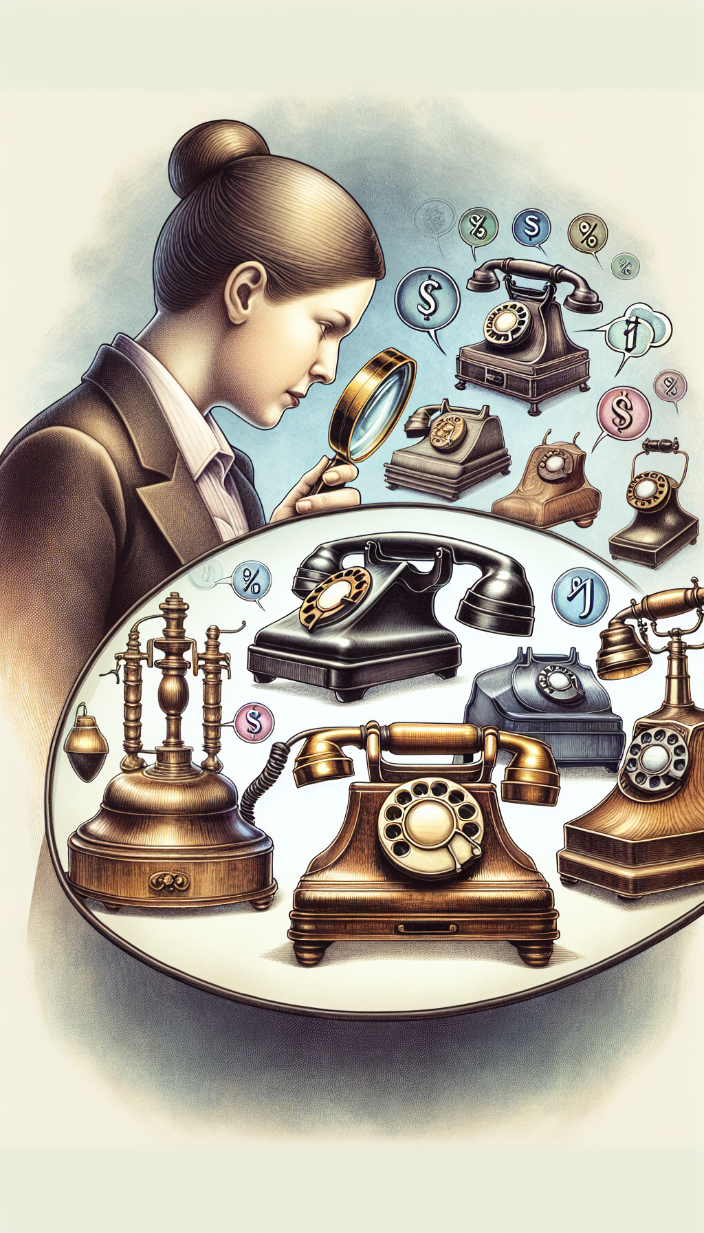 An intricate juxtaposition of an appraiser with a magnifying glass leaning over a diverse collection of antique telephones, each cast in a different artistic style—watercolor, pencil sketch, digital render, and oil painting. The telephones form a circle around a thought bubble filled with reflective symbols ($, %, ?), representing the multifaceted considerations in valuating historical conversation pieces.