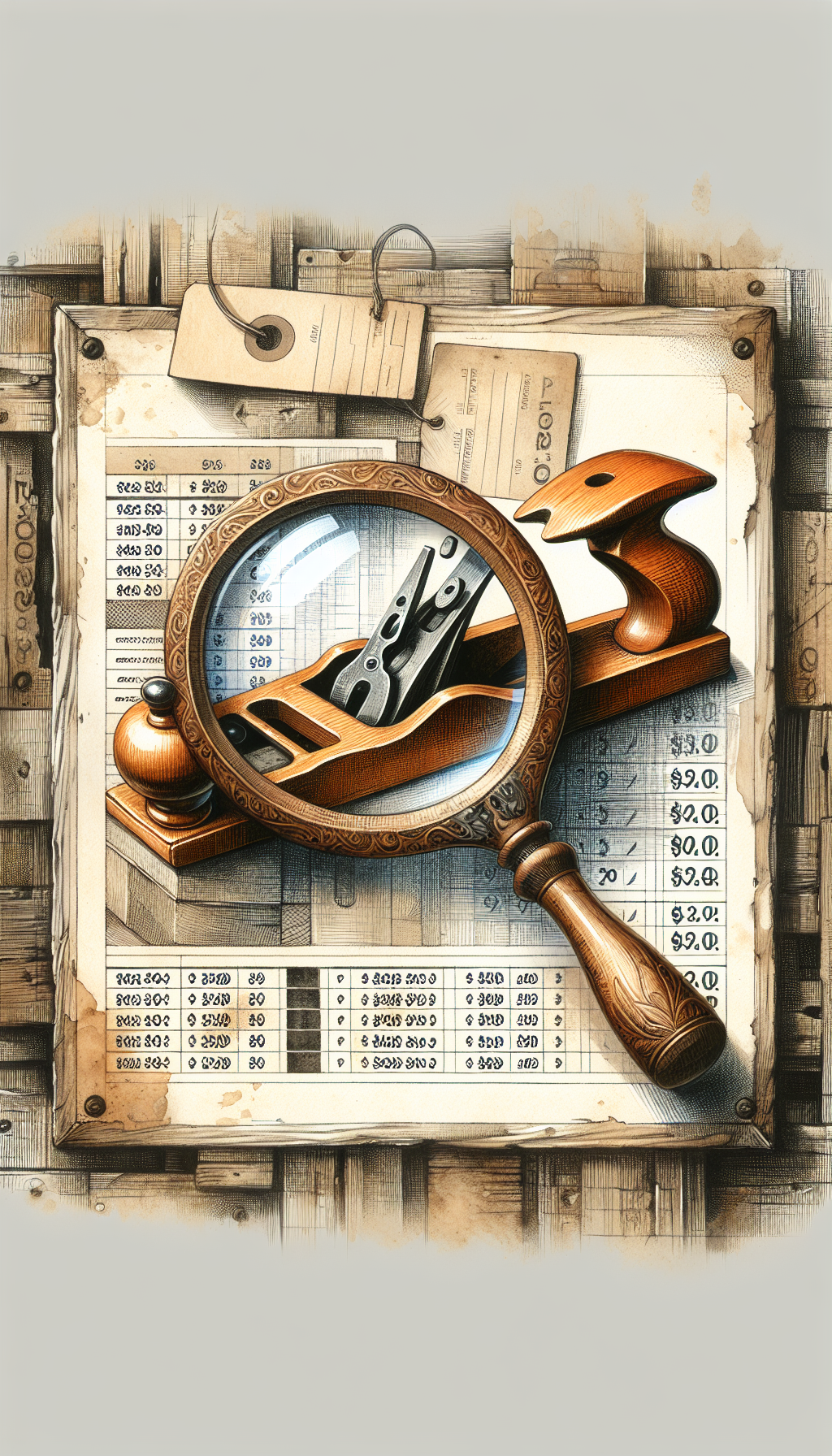 An illustration of an intricately carved wooden magnifying glass, with its lens focusing on a classic, well-worn hand plane, highlighting intricate details and patina, suggesting the evaluation of craftsmanship on antique tools. Faint price tags with increasing figures hang from various tools in the background, emphasizing the correlation between quality and value, drawn in a blend of watercolor and fine-line styles.
