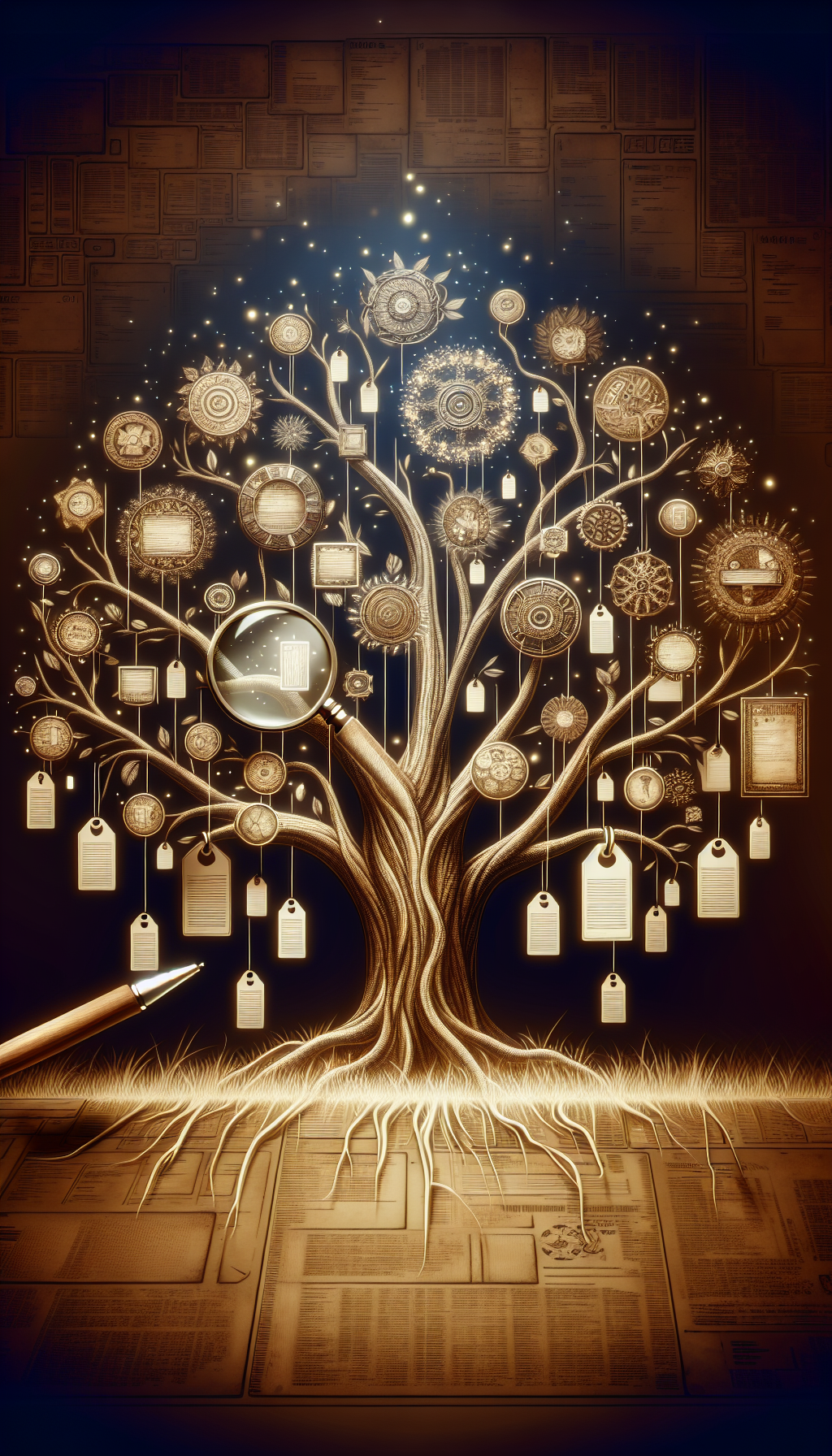 An old, ornate family tree intertwines with various antique tools as the branches, each inscribed with dates and origins. Hanging from the sturdy limbs are price tags that subtly shimmer, indicating their value. The roots, artistically morphing into a magnifying glass, symbolize the investigation into the tools' past, enhancing the impression of the tools' storied provenance and pedigree.