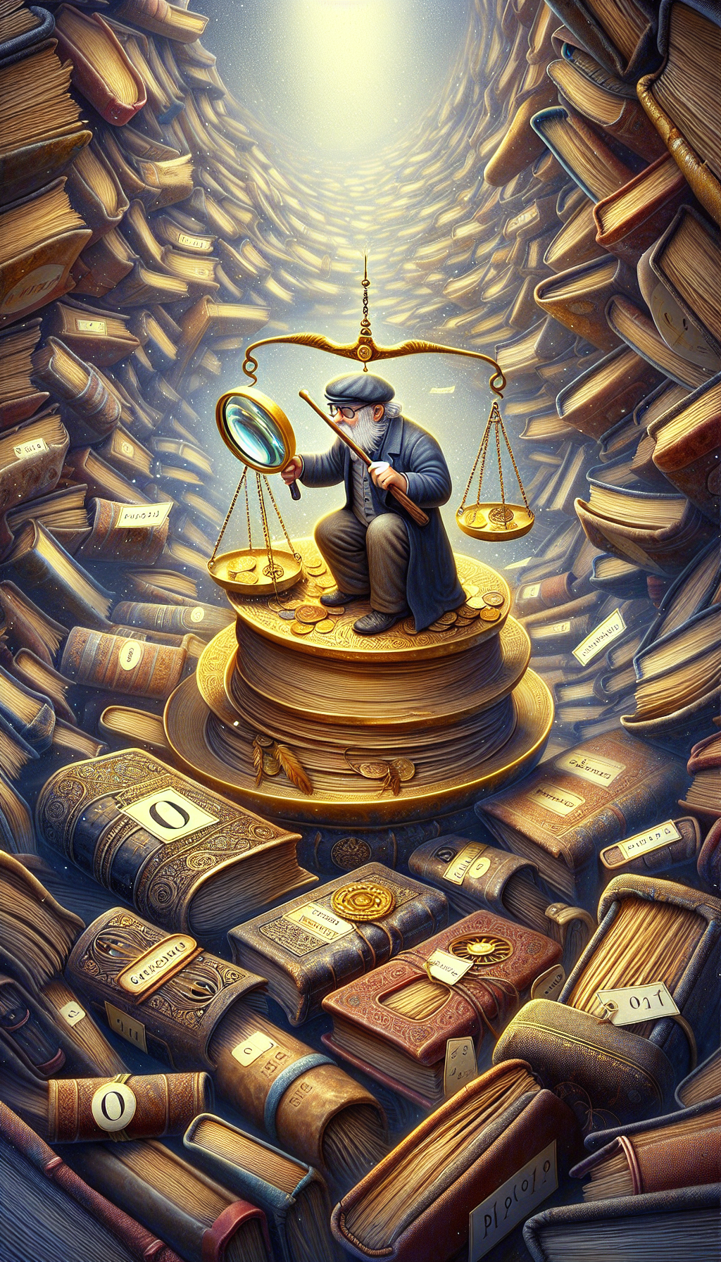 In the whimsical illustration, an enthusiastic novice antiquarian, equipped with a magnifying glass, peeks over a towering stack of dusty, leather-bound tomes, with visible price tags reading "0" amidst swirls of paper and golden letters. An antique scale balances a feather and a coin, symbolizing the free evaluation of the books' worth, beneath a banner reading "Beginner's Guide."