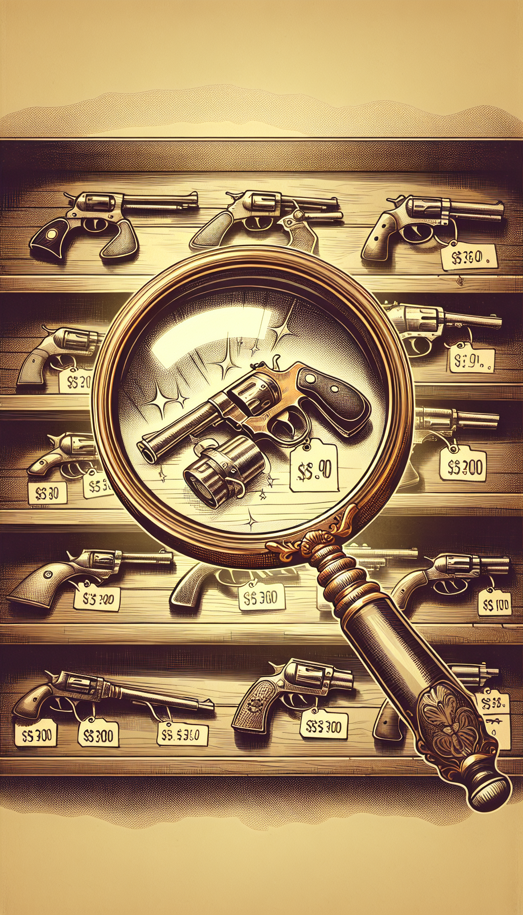 An illustration depicting a vintage magnifying glass hovering over a collection of antique toy guns neatly displayed on a wooden shelf. Under the glass, the toys gleam and transform showing price tags with various high-value amounts, with one toy highlighted and its price glowing, signifying its exceptional worth. The image is styled with sepia tones and inked outlines to evoke a nostalgic, classic feel.