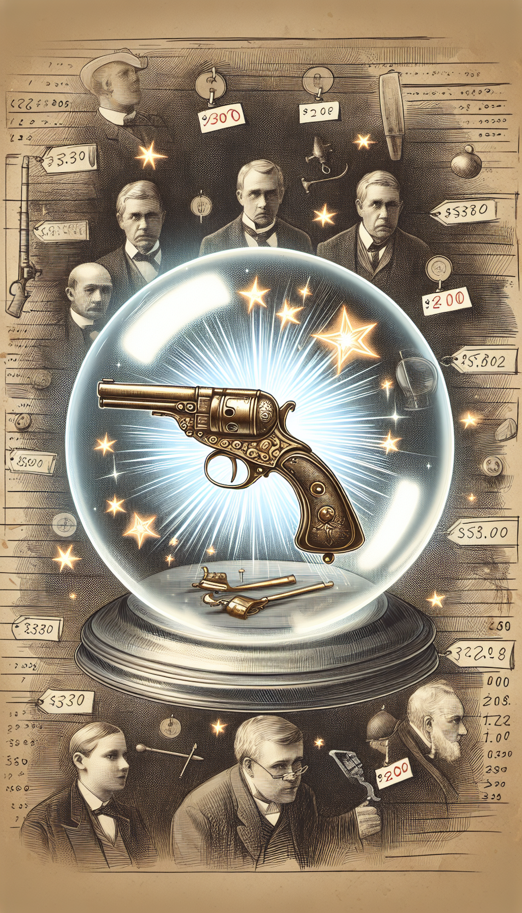 The illustration displays a pristine Victorian-era toy gun encased in a translucent bubble, with glowing rarity stars and inquisitive eyes of collectors etched in the background. Surrounding the bubble, a muted auction gavel and faded price tags in varying styles symbolize fluctuating values and demand for such antique treasures.
