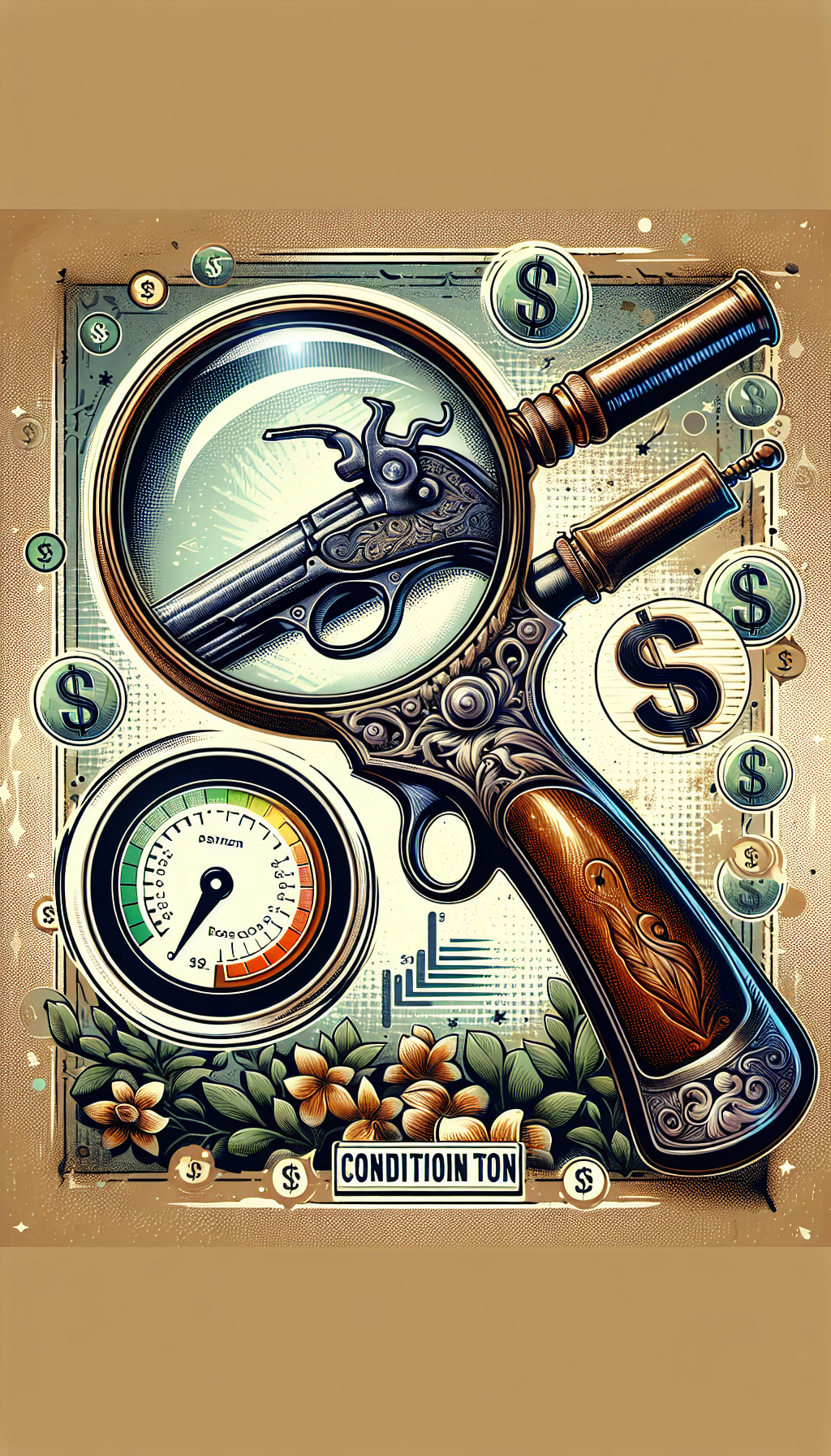 The illustration depicts an ornate magnifying glass focusing on a classic flintlock pistol toy, revealing intricate details and patina. Side by side, a mint condition toy revolver gleams with worth, contrasted by a stylized 'condition meter' graphic that transitions from pristine to worn. Swirls of dollar signs and question marks float around, symbolizing the fluctuating value based on condition.