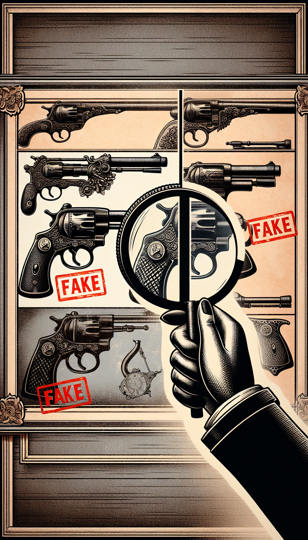 A vintage-inspired illustration showcases a split scene with a magnifying glass in the center. The left side depicts a detective toy pointing the glass toward a vibrant, detailed antique toy gun, with scattered time-worn price tags implying high value. The right side shows a monochrome, transparent replica fading into the background, subtly stamped with a bold, red "FAKE" across it.