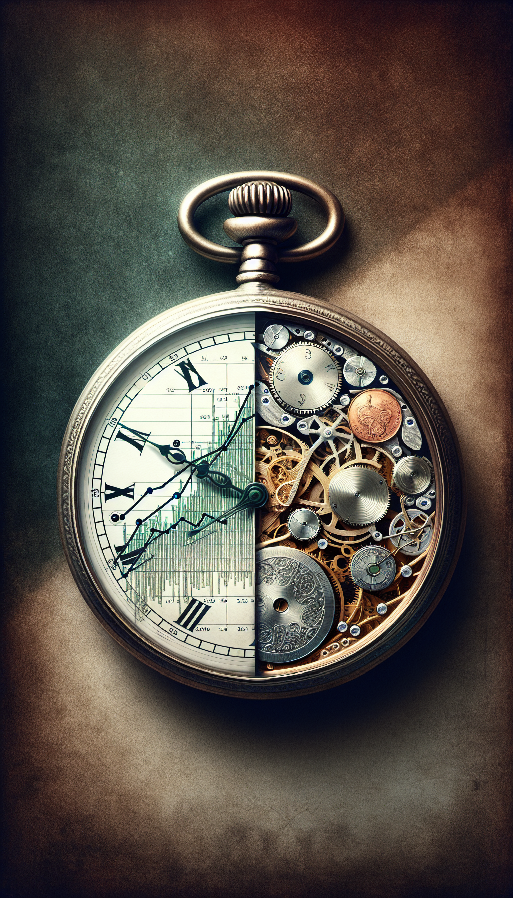 An elegant, vintage pocket watch, split down the middle, with one side pristine and the other with a visible patina, overlaid by a translucent graph showcasing rising value. The watch gears subtly morph into coins, suggesting the influence of time on value. The styles transition from sharp realism on the preserved side to a softer, aged watercolor on the worn half.
