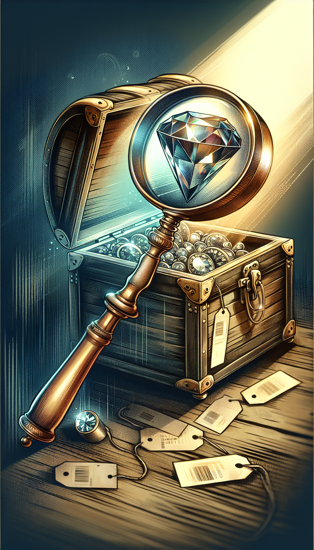 An elegant, antique magnifying glass revealing hidden gems within a treasure chest, focusing on a rare, vintage item with a visible, prestigious provenance tag. The illustration shifts styles from realistic to abstract around the item, symbolizing varying perceptions of value, subtly layered with faded price tags in the background to suggest the fluctuating nature of antique values.