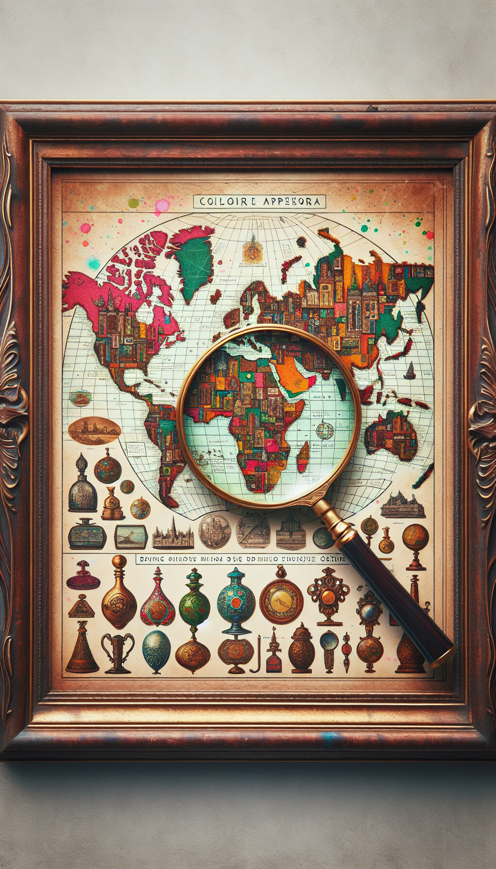 An ornate vintage frame encases a vibrant tapestry map of the world, with iconic historical landmarks and cultural symbols sprouting like treasures across the continents. Overlaying the map, a magnifying glass reveals the shimmering, heightened glow of select antiques, emphasizing their origins and unique value, while soft watercolor splashes hint at the passage of history.