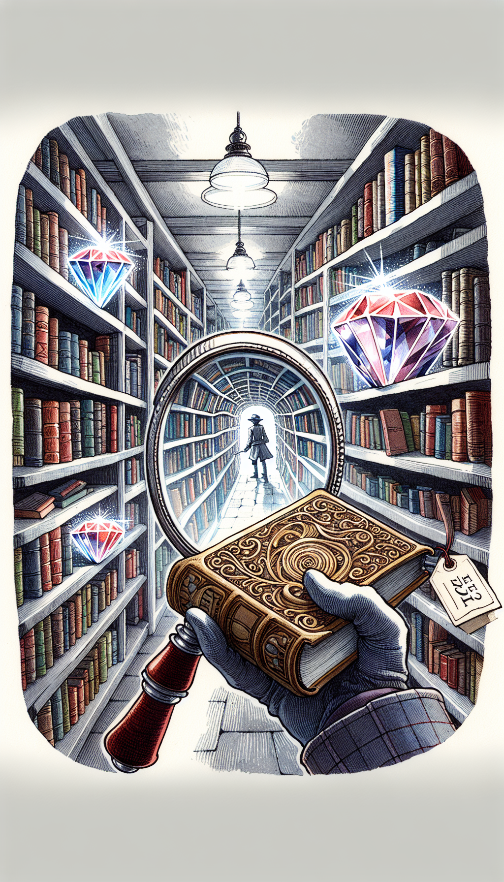 A whimsical illustration depicts a vintage magnifying glass peering into a bookshelf labyrinth, where books transform into sparkling gemstones. Amidst the shelves, a character dressed as an explorer holds an antique book with a price tag reading 'Free', hinting at undiscovered value. Styles range from detailed ink hatching on the magnifying glass to watercolor washes creating the gem-book hybrids.