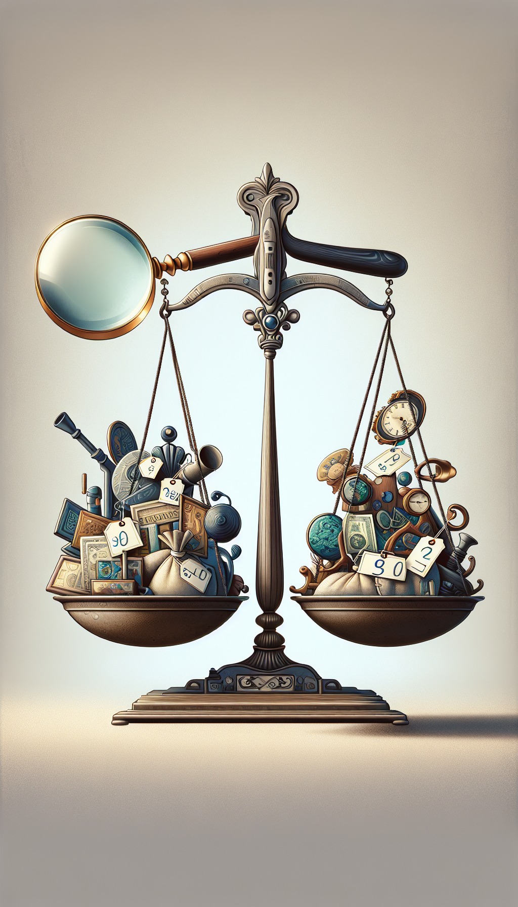 A whimsical scale balances on one side, a magnifying glass inspecting a pile of eclectic antiques, and on the other, a sack of cash with price tags floating upward. Each tag symbolizes a different antique era, graphically styled as vintage, art deco, and modernist, signifying the appreciation of value across different time periods in the art of appraisal and sale.