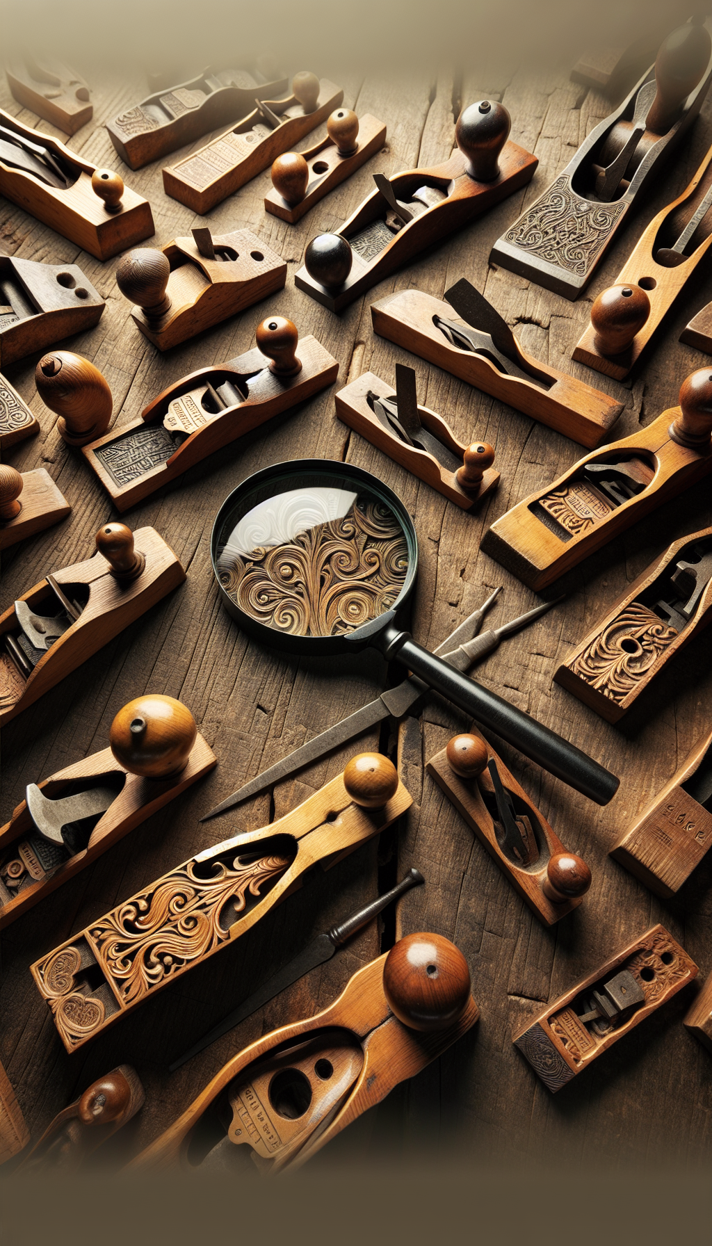 An array of intricately carved historical wood planes, each with distinct features highlighted by delicate lines and labels, rests on an antique workbench. At the center, a magnifying glass hovers over a particularly ornate specimen, revealing its unique maker's mark and type, symbolizing the identification process. The contrasting wood grains and textures of the planes celebrate the craftsmen's diverse legacies.