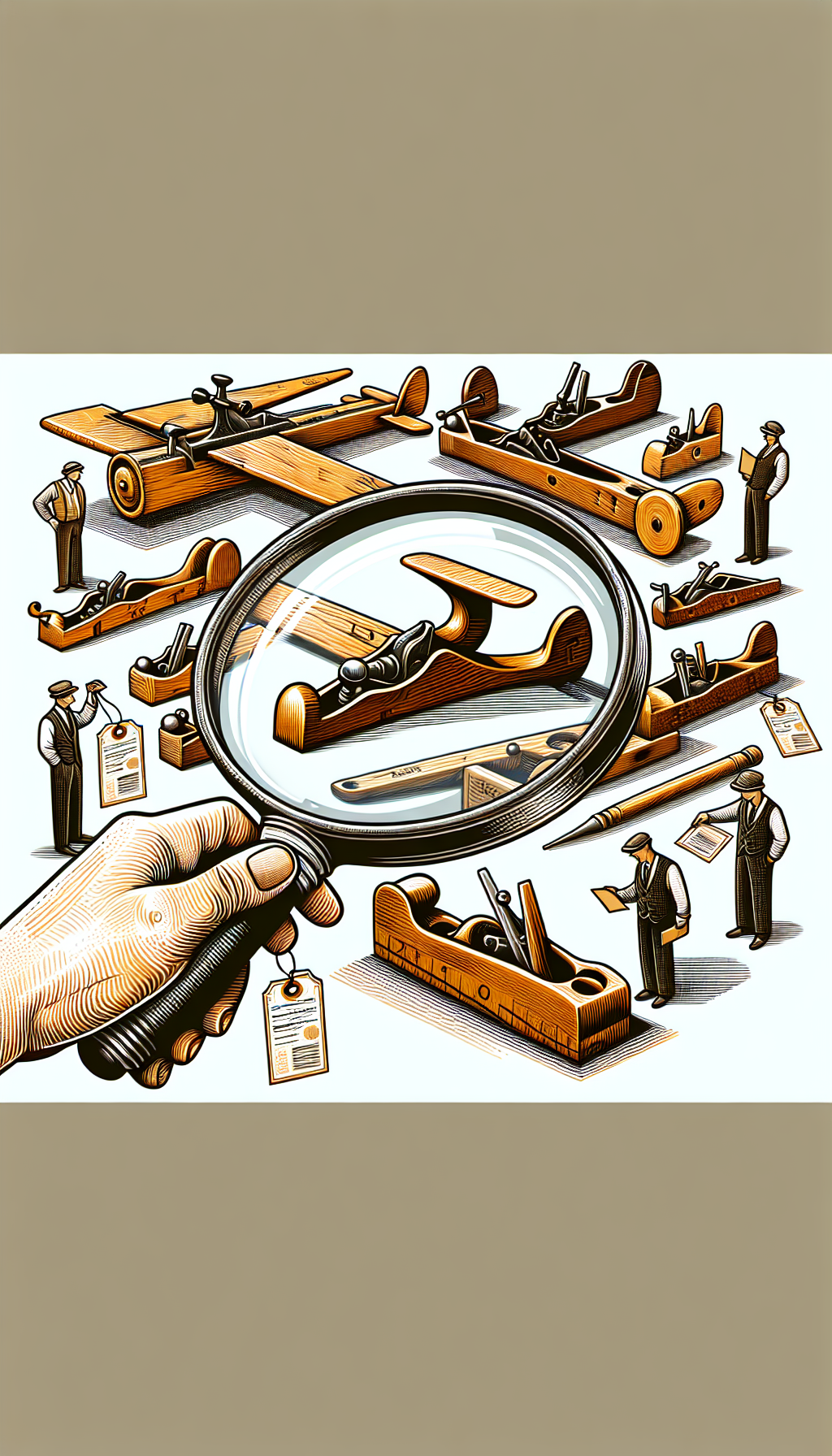 A whimsical illustration showcases a magnifying glass peering over a selection of antique wood planes, each casting a unique shadow revealing their era and maker's mark. Beneath the magnifying glass, tiny figures of expert collectors hold up price tags and authentication certificates, highlighting the planes' values and authenticity, with styles ranging from intricate line art to bold, vintage-colored blocks.