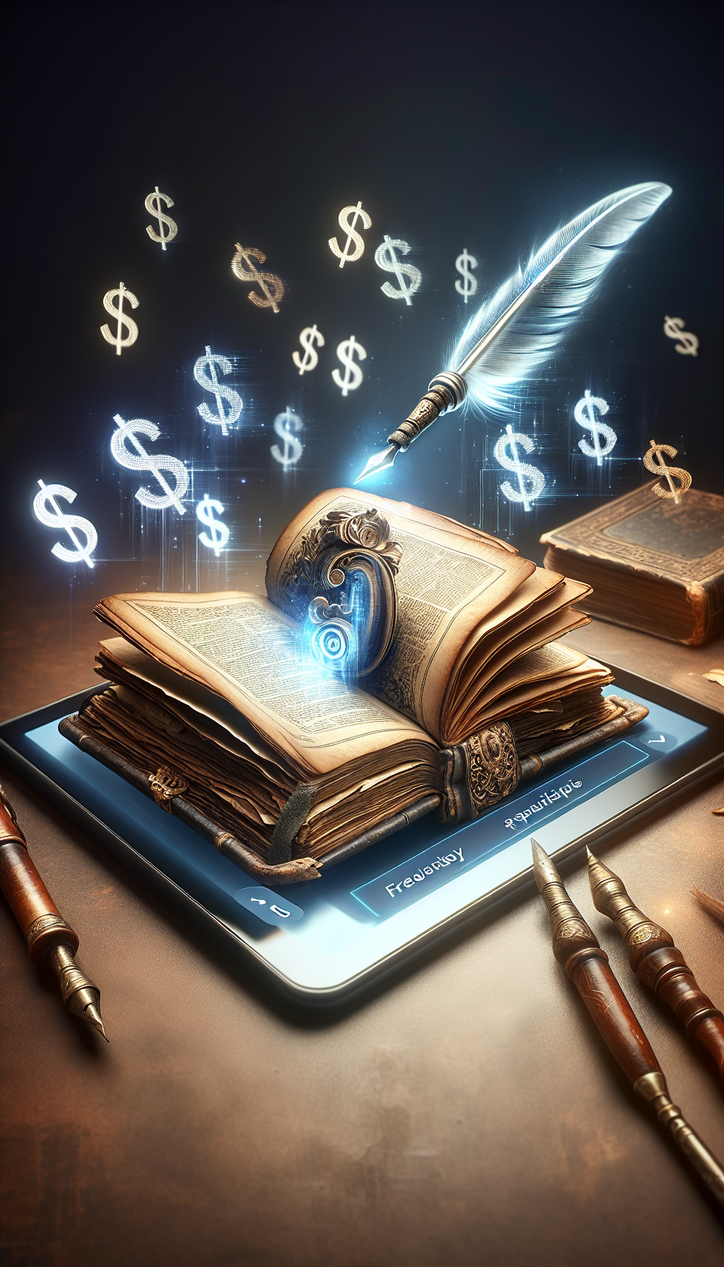 An antique book rests open atop a luminous digital tablet displaying a magnifying glass and dollar signs, symbolizing online appraisal tools. Gently turning pages morph into digital pixels leading to a website interface, while a classic quill pen writes unseen values in the air, merging the charm of antiquity with modern-day technology's free valuing service.