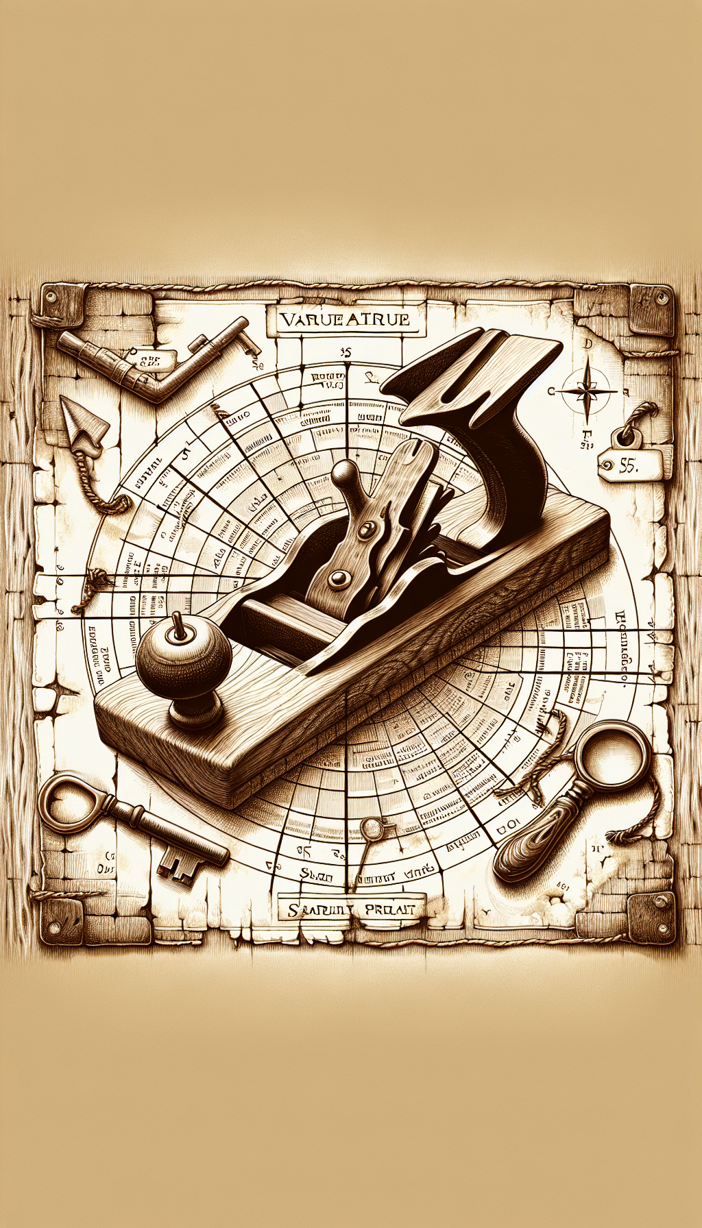 A sepia-toned sketch depicts an ancient wood plane resting atop an aged treasure map, with magnifying glass and key overlaying intricate engravings of the plane. The map features key aspects determining value, leading to a shimmering 'X' where rarity and age intersect. Whimsical price tags dangle from the handle, playfully suggesting the plane’s worth.