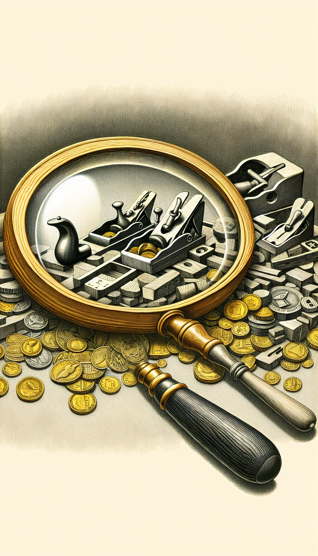 An illustration depicts a magnifying glass hovering over a collection of antique wood planes, each branded with distinct maker's marks. Beneath the lens, the planes seem to transform into piles of coins and bills, signifying their value. The magnifying glass signifies scrutiny and impact, while the currency blend hints at the valuation, rendered in an engraved vintage style.