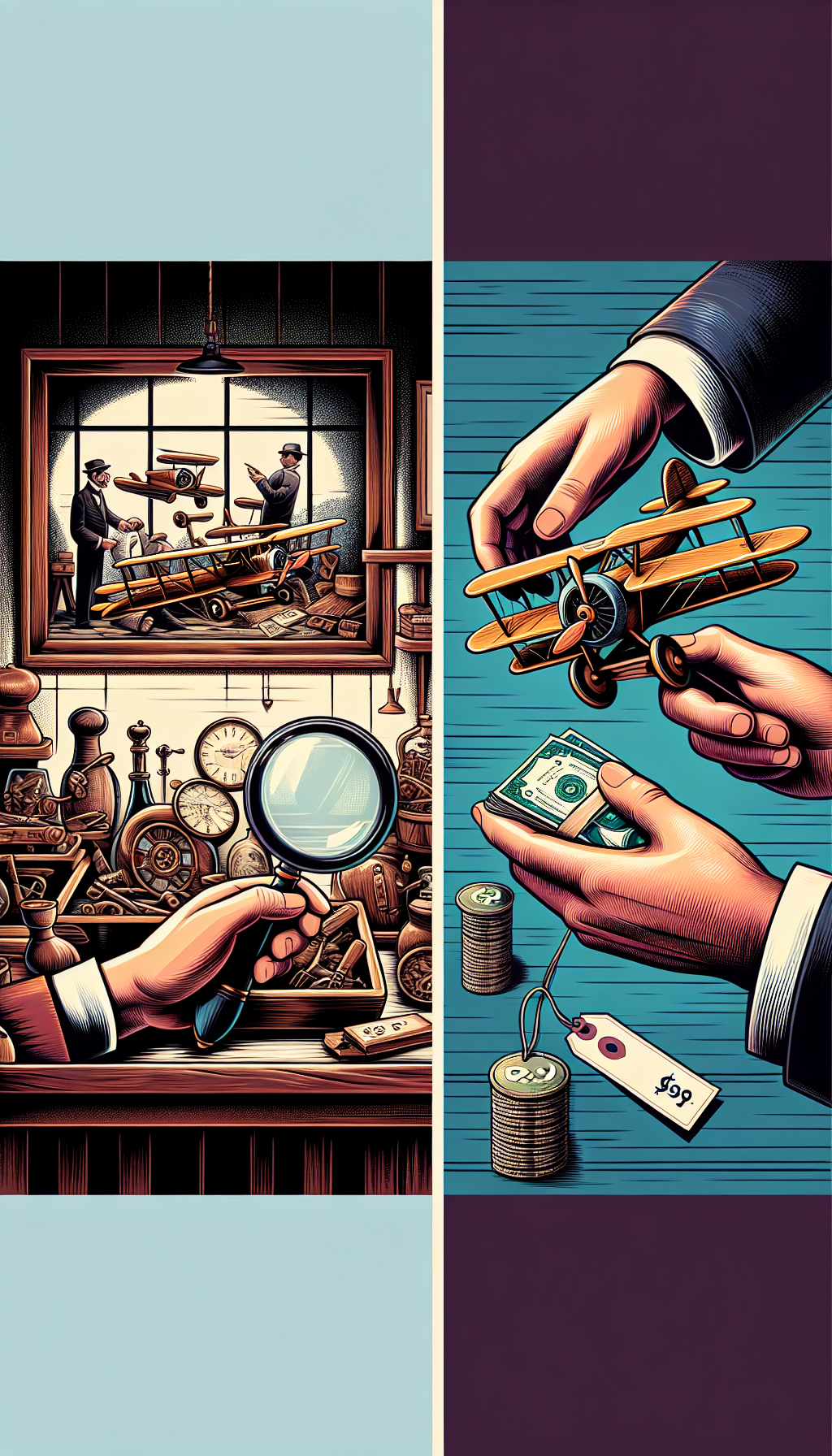 An illustration features a split scene with one side portraying a stylized antique shop, where a collector's hand holds a magnifying glass scrutinizing the intricate details of a vintage wood plane, reflecting its value. The other side shows hands exchanging cash and the plane, with visible price tags indicating escalating values. The juxtaposition highlights the careful acquisition and profitable sale of these collectibles.