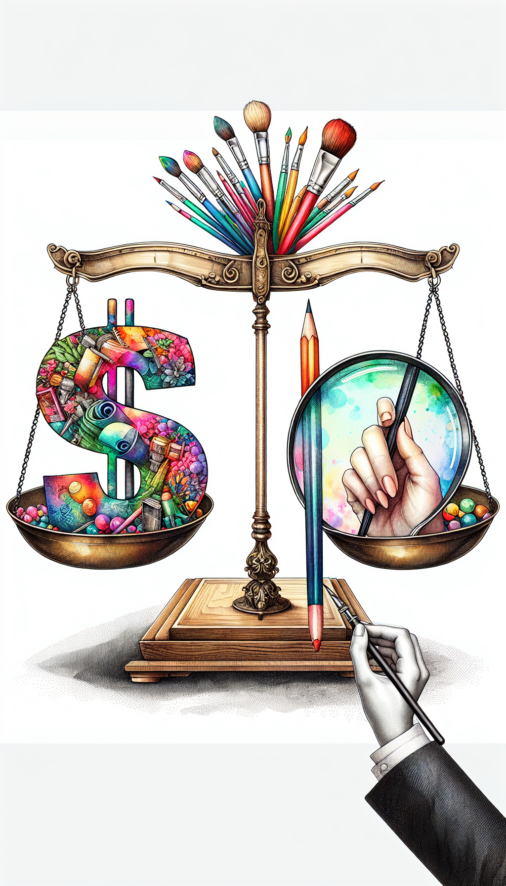 An illustration of a classic balance scale, where on one side there's a canvas displaying a dollar sign composed of assorted colorful art tools, and on the other side, a magnifying glass held by an elegant hand, symbolizing the scrutiny of appraisal. This image is rendered in a mix of watercolor washes for the tools and sharp, ink-like lines for the scale and magnifying glass.