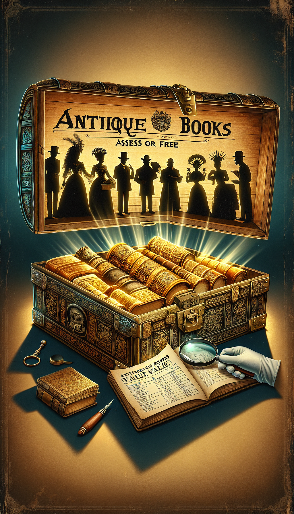 An illustration displays an open, ornate treasure chest filled with luminous, golden antique books, their pages slightly ajar as to reveal a magnifying glass, white gloves, and a preservation checklist. The chest is adorned with a vintage label saying "Antique Books Value: Assess for Free." Shadowed figures of people from various historical periods peer curiously over the chest's edge.