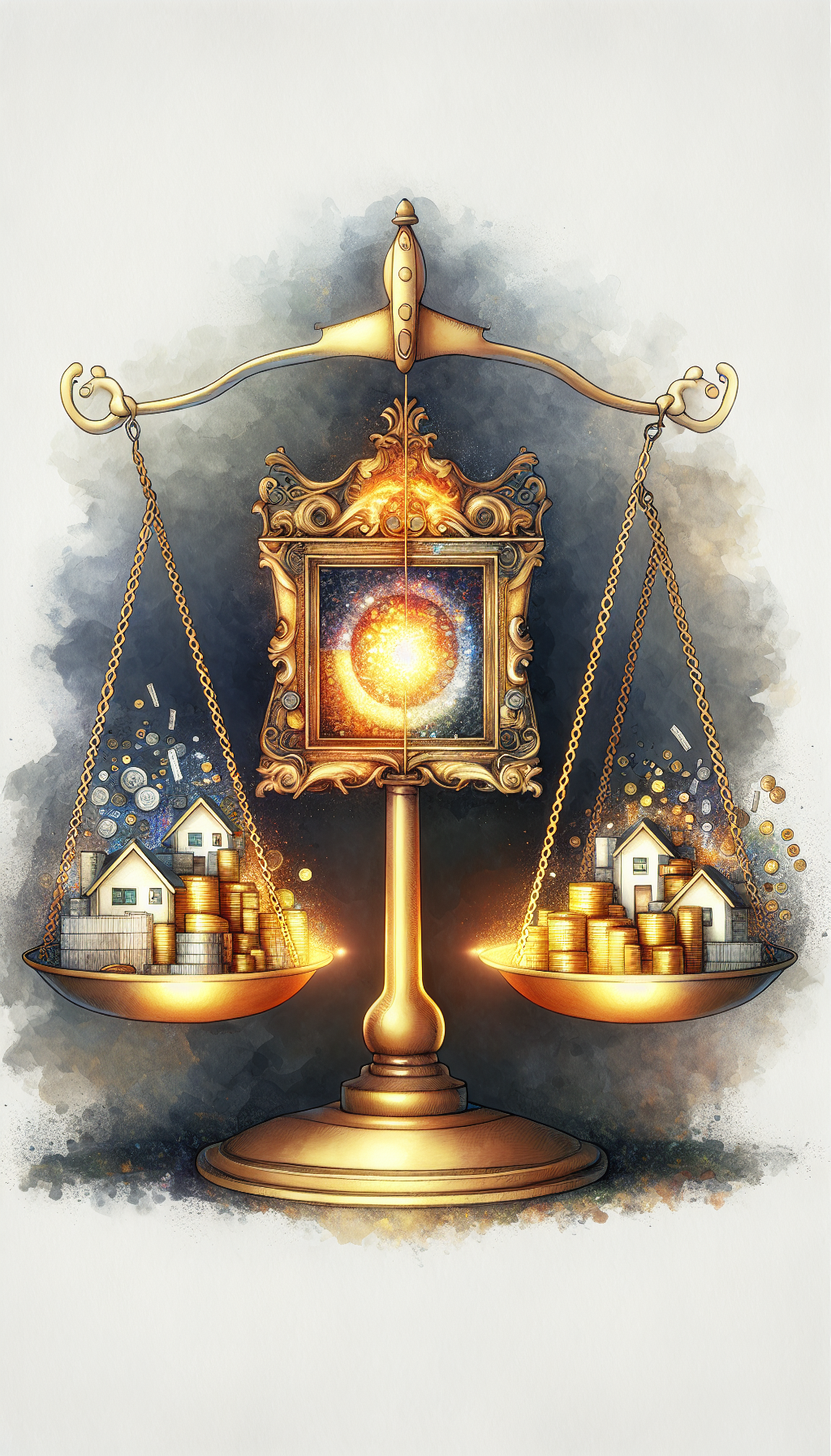 An illustration depicts a whimsical balance scale, with one side displaying a gilded frame showcasing a vibrant, abstract painting (representing art appraisal), while the other side is filled with coins and miniature houses, hinting at factors such as real estate and market trends (influencing cost). Watercolor strokes add an artistic flair, blending the themes of valuation and art.