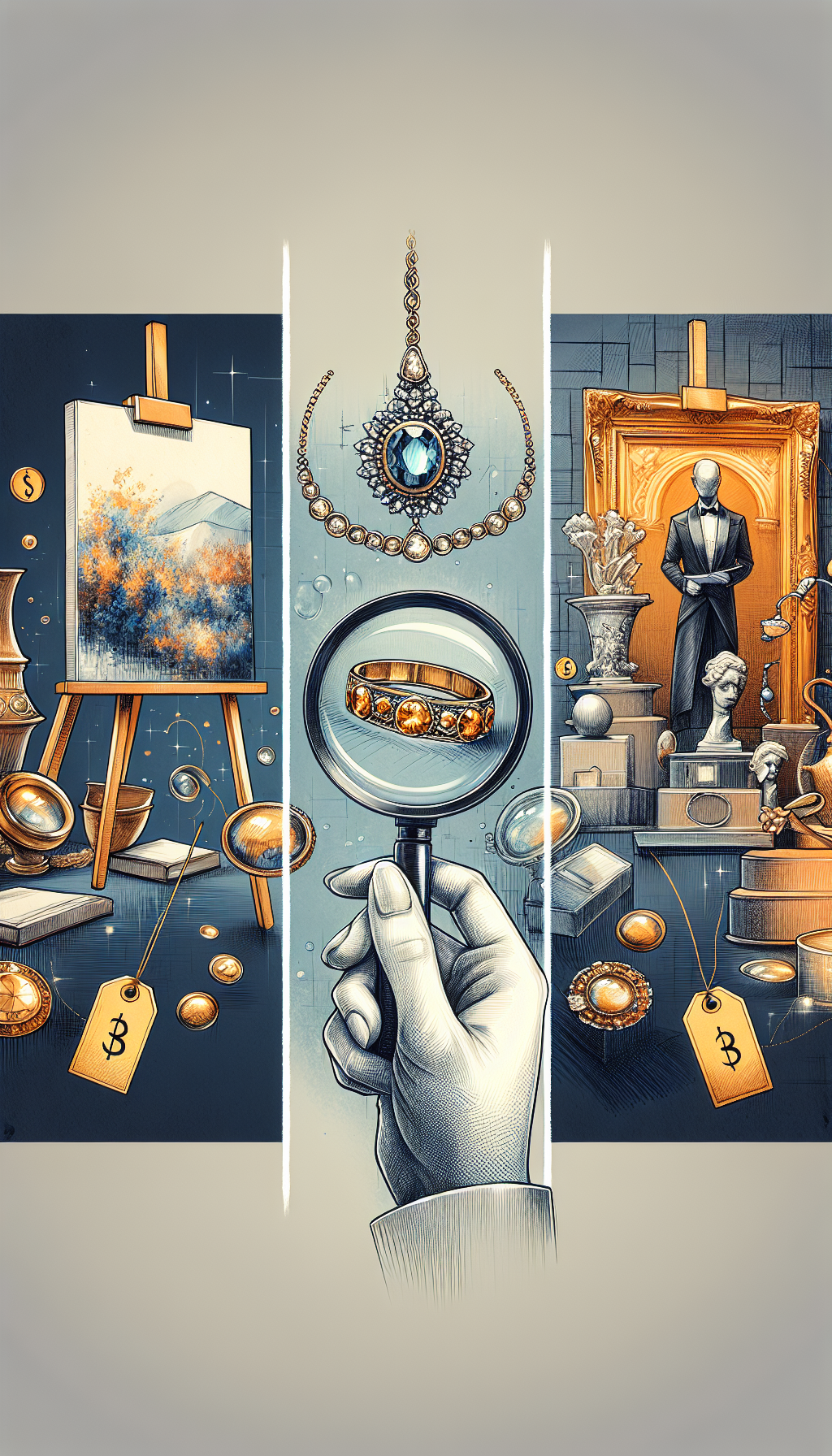 An elegantly composed illustration features three distinct sections, each depicting a different type of appraisal—fine art on an easel, jewelry under a magnifying glass, and antiques at an auction podium. Above each, golden price tags dangle, gradually increasing in size to symbolize varying costs. The styles vary—watercolor, line drawing, and bold realism—showcasing the different expertise levels in art appraisal.