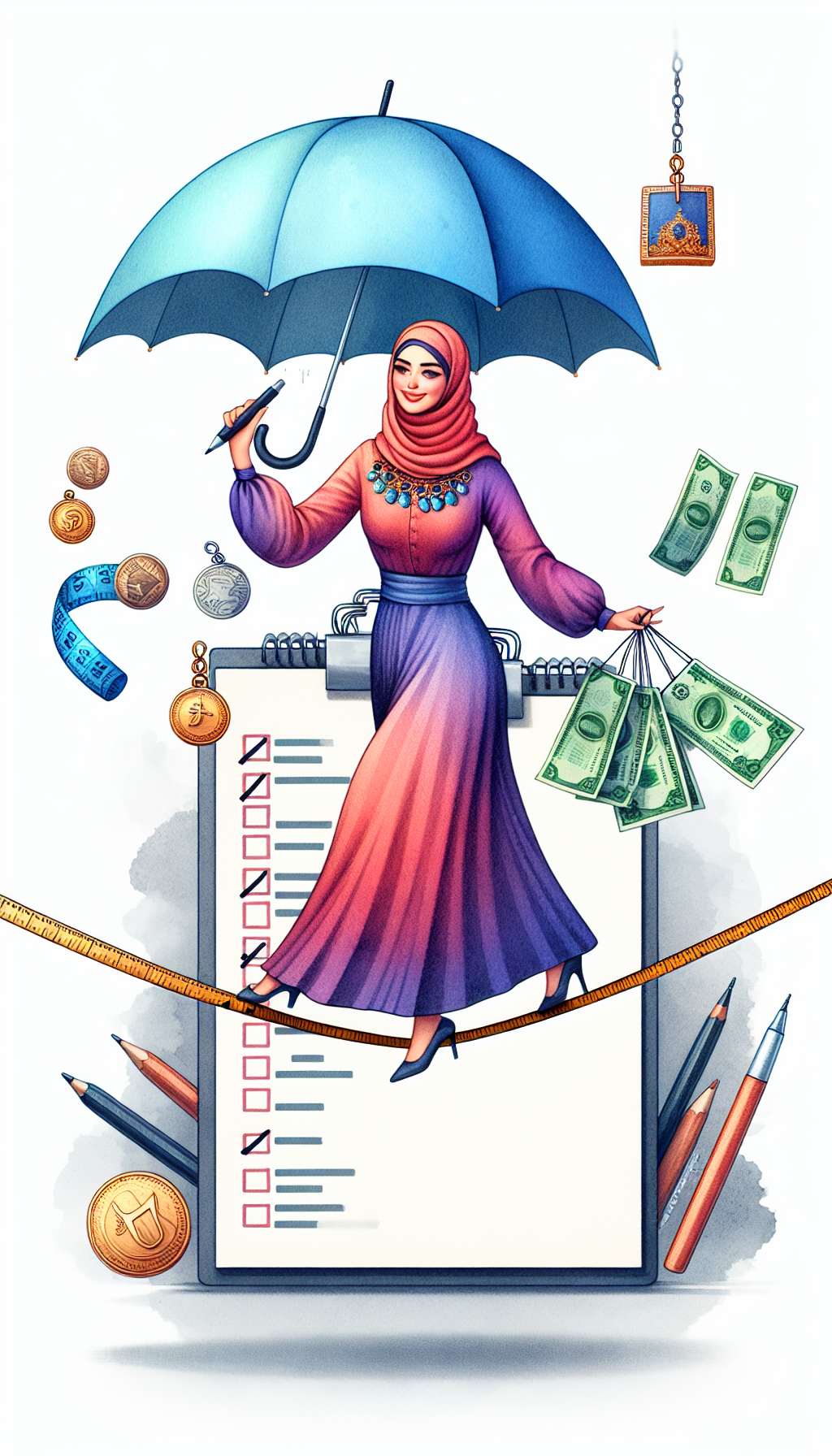 A vibrant watercolor-style illustration showing a person balancing on a tightrope made of a measuring tape, which symbolizes appraisal. They hold an umbrella with currency notes flying off, while art pieces hang like charms on a bracelet from their wrist. A checklist hovers in the background with tick marks, visualizing preparation and cost management for art appraisal.