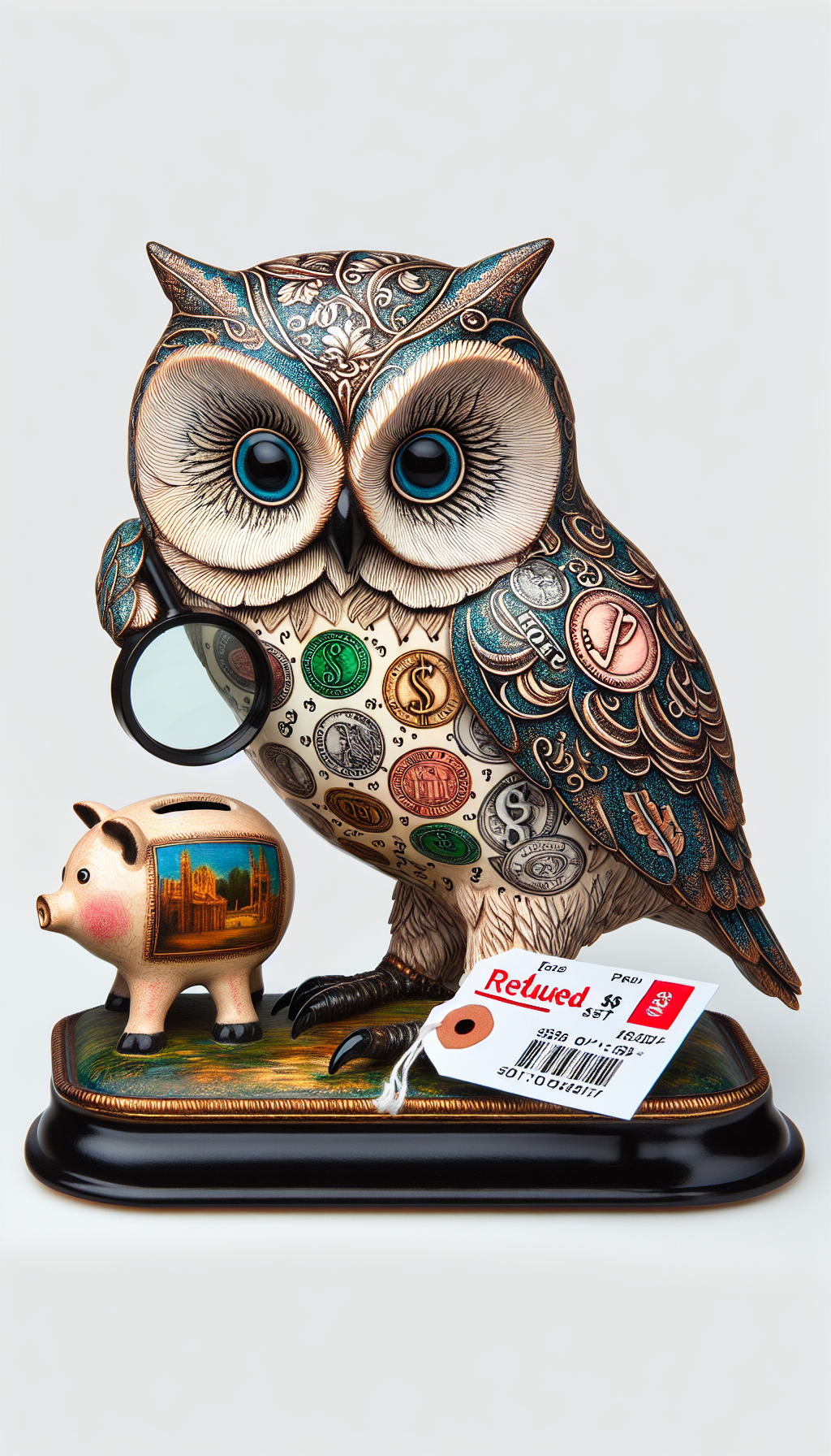 An illustration of a wise owl perched atop a piggy bank, each feather subtly painted with currency symbols. The owl holds a magnifying glass in one talon, inspecting a miniature, classic painting, juxtaposed with a price tag showing a slashed amount, capturing the essence of thrifty yet quality art appraisals.