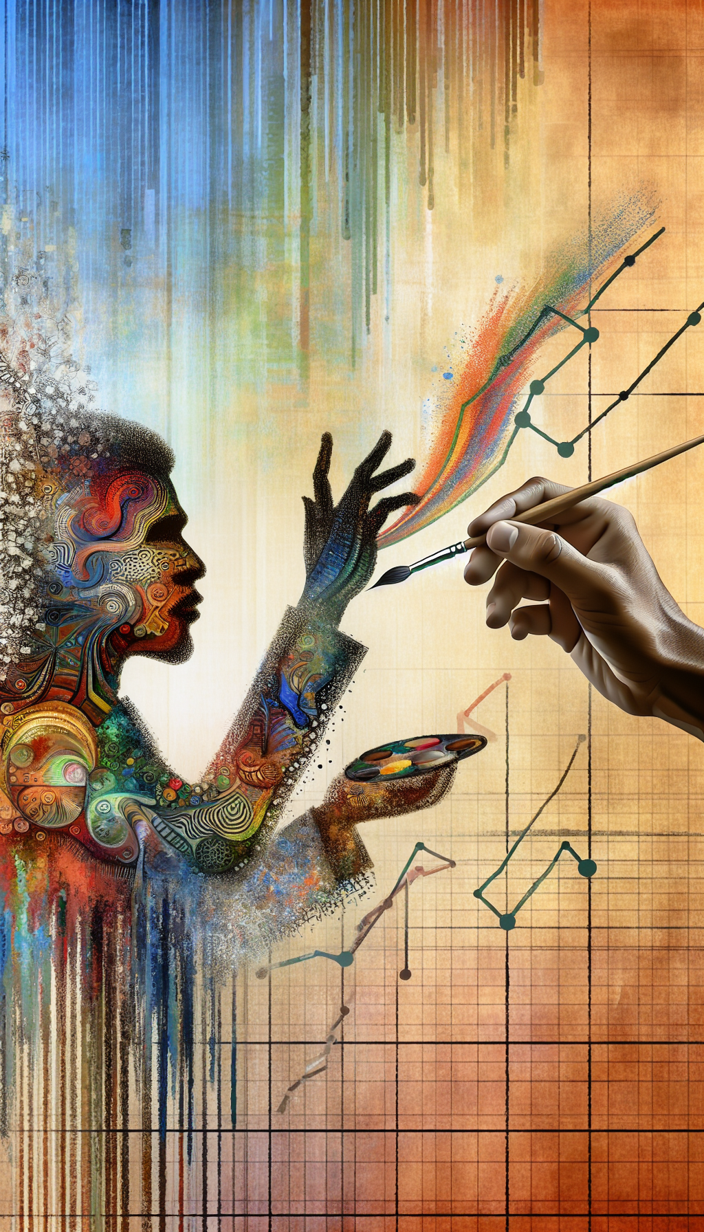 An illustration features an artist's hand, with a morphing paintbrush, dynamically painting a silhouette of Charles Bibbs’s face. Each stroke reveals iconic motifs from his artwork, arranged in a collage that forms his signature patterns and vibrant colors. The background subtly transitions into an ascending graph, symbolizing the increasing value of Bibbs's art in the market.