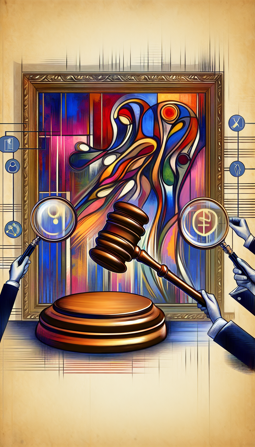 An illustration of an elegant, stylized auction gavel poised above a vibrant, abstract painting by Charles Bibbs, with magnifying glasses hovering over, inspecting various elements like cultural significance, rarity, and demand, visually represented by icons. The background subtly shifts from classic to contemporary, symbolizing the fluid value assessment in the art market.
