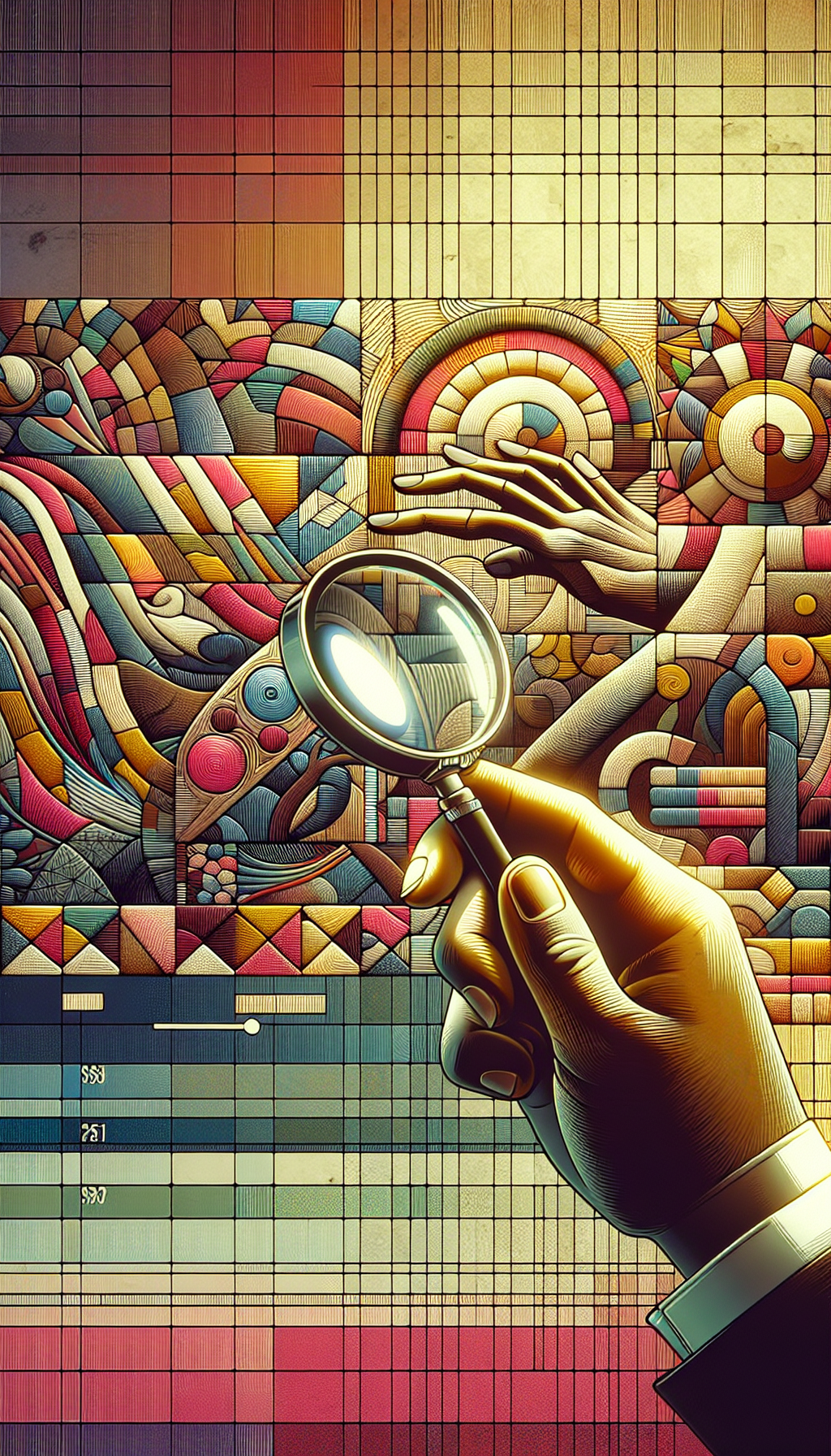 An illustration of a collector's hand gracefully holding a magnifying glass over a mosaic of vibrant Charles Bibbs' artworks, spotlighting certain elements like authenticity marks and signatures. Around the edges, a subtle gradient of increasing dollar values emphasizes the appreciating investment, while the bold, fluid lines typical of Bibbs’ style frame the composition, symbolizing both confidence and the essence of his art value.