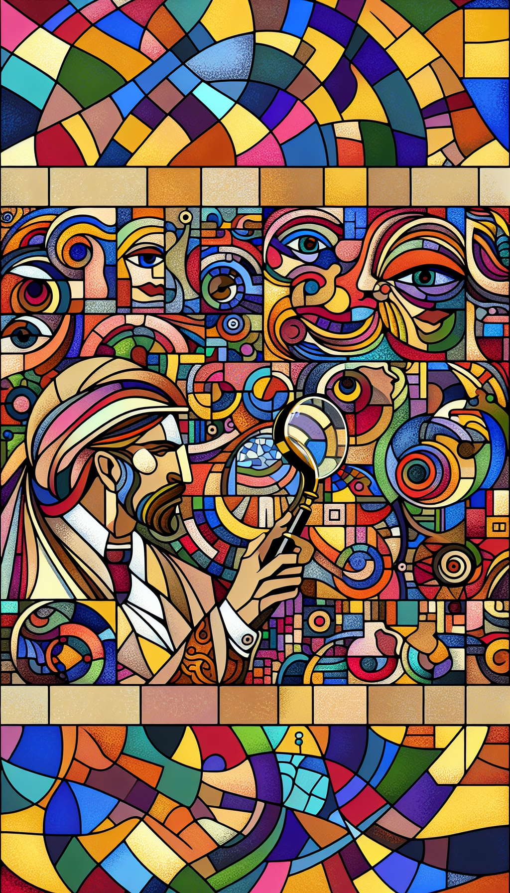 An illustration with a mosaic of diverse, stylized faces in the distinct, vibrant lines of Charles Bibbs' art, each fragment showcasing different cultural motifs merging into a singular tapestry, centering around a prominent, elegant figure observing the melange appreciatively. This central figure holds a magnifying glass, emphasizing intricate details within the artwork, symbolizing the deepening of cultural value through Bibbs' thematic expression.