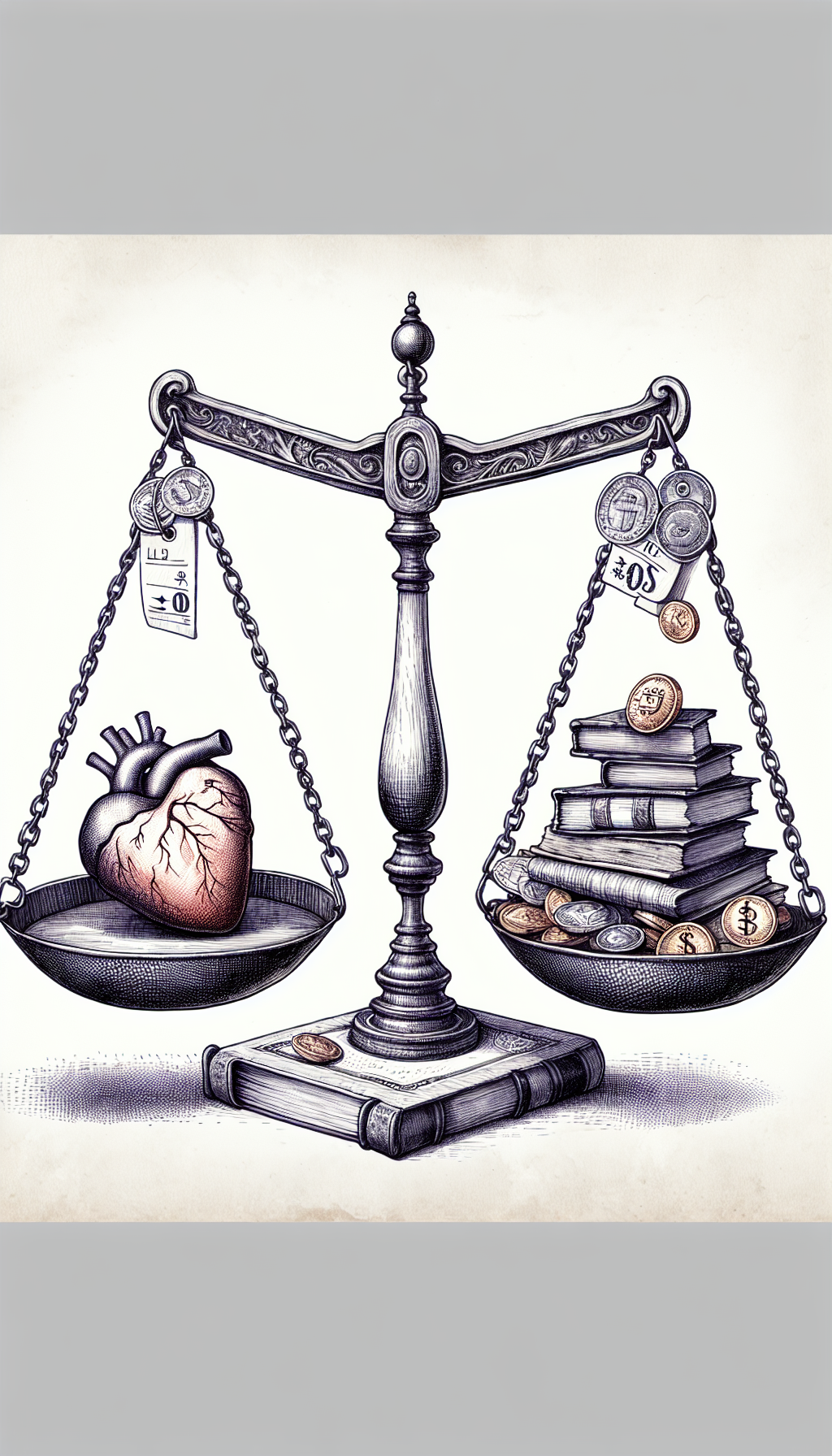 An illustration depicts a whimsical balance scale; on one side, a heart-shaped icon represents sentiment, while on the other, coins and bills symbolize cents. Perched atop vintage books as the fulcrum, the image subtly shows antique books with visible price tags reading "$0," blending ink sketches with watercolor tones to convey the free value of vintage volumes.