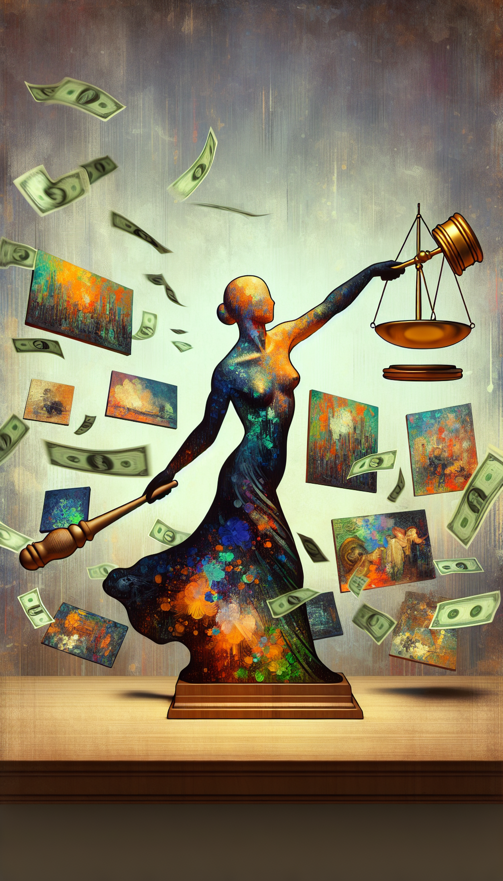 An illustration features a classical Bibbs' figure gracefully holding up a translucent, golden auctioneer's gavel, surrounded by semi-abstract, miniature versions of his signature colorful artworks as fluttering dollar bills. The figure's pose insinuates a scale, balancing art and currency, symbolizing the value assessment in Bibbs' art market, while the contrasting artistic styles around her embody the varying appeal to different collectors.