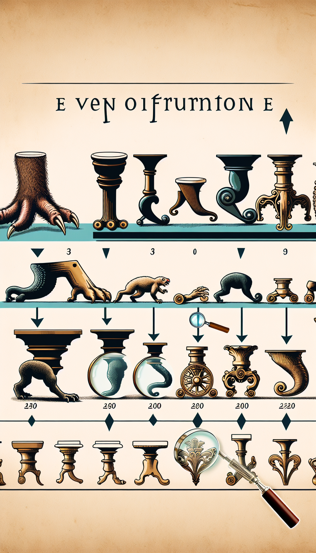An illustration depicts a whimsical evolutionary timeline winding from a beastly claw foot morphing into elegant castor wheels, with each distinctive style labeled with a tiny, stylized calendar icon indicative of its historical period. A magnifying glass hovers over the timeline, underscoring the idea of scrutinizing details to date and identify antique table legs.